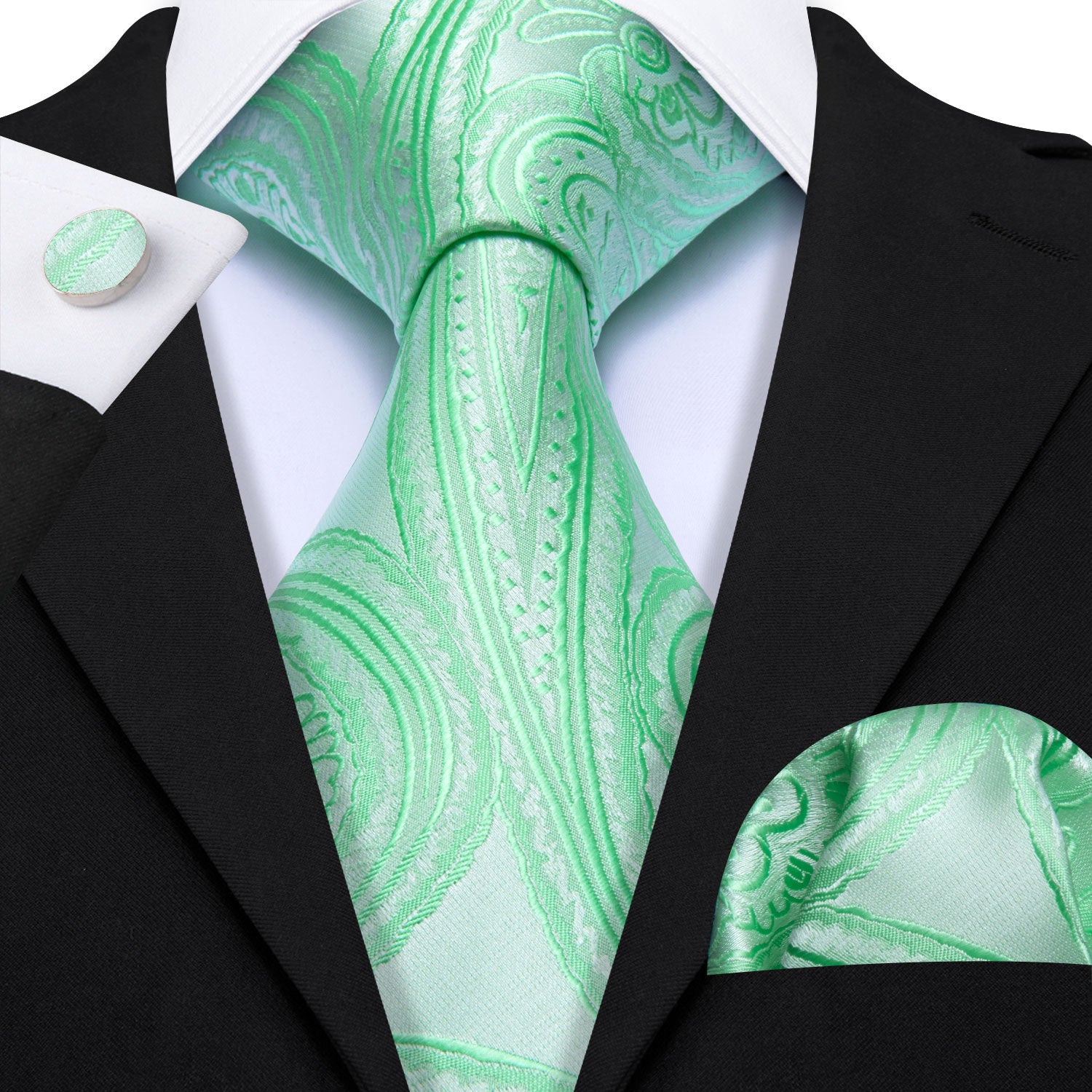 Barry Wang Light Green Paisley Silk Tie Handkerchief Cufflinks Set