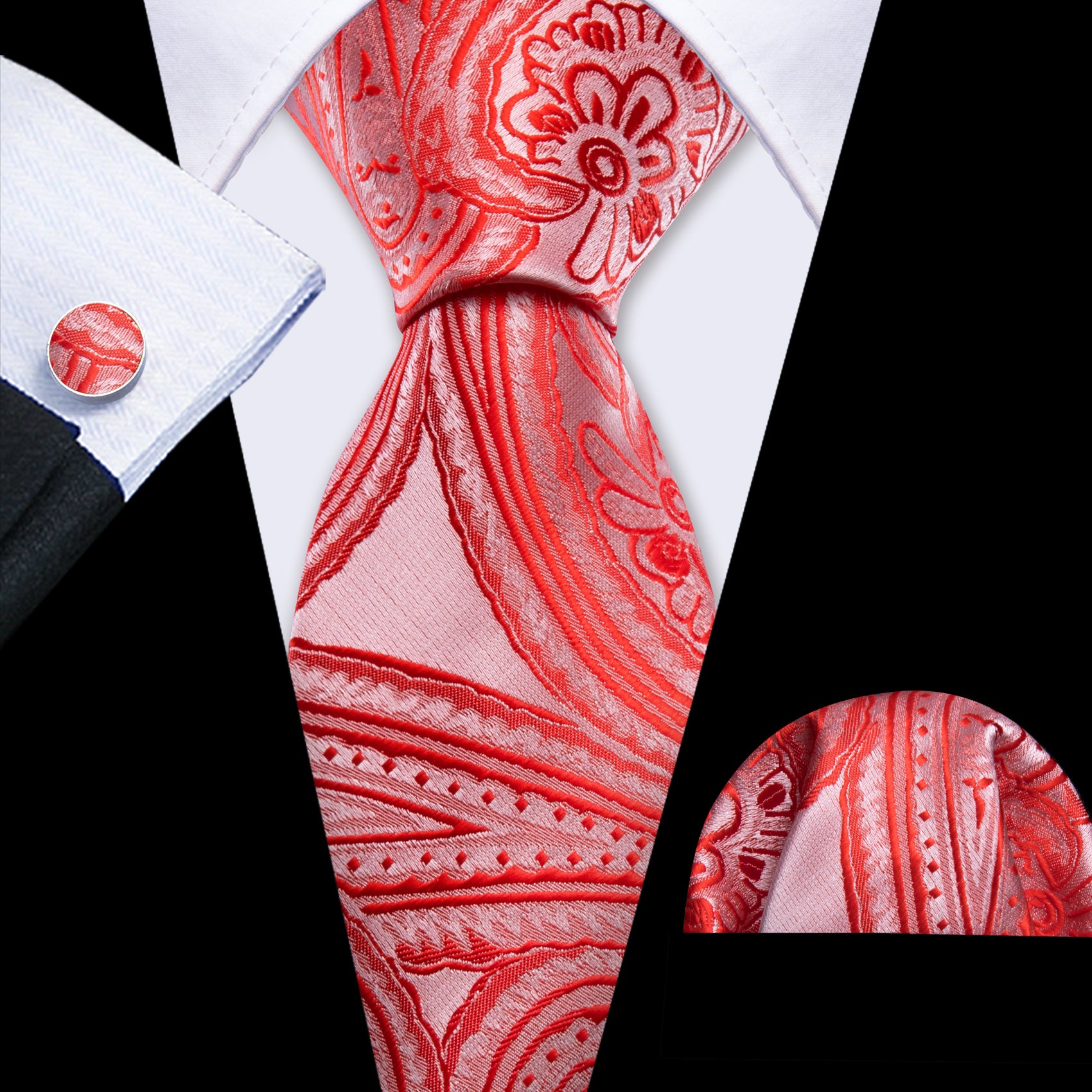 Red Paisley Silk Tie Handkerchief Cufflinks Set