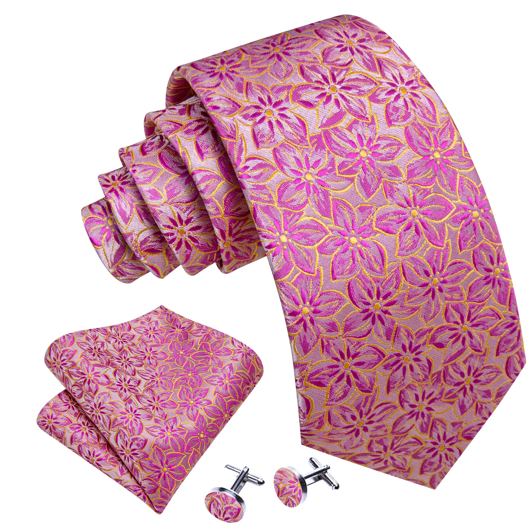 Barry Wang Pink Floral Hot Pink Peach Blossom Jacquard Silk Men's Tie Set floral purple tie