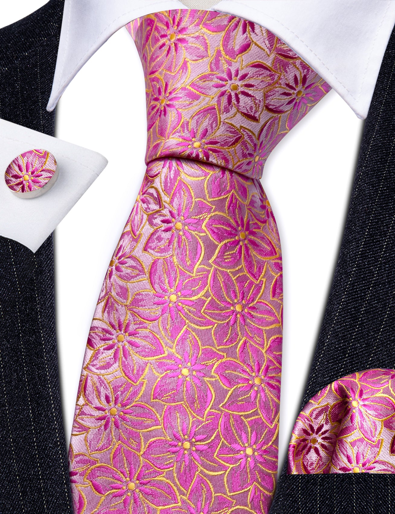 Barry Wang Pink Floral Hot Pink Peach Blossom Jacquard Silk Men's Tie Set