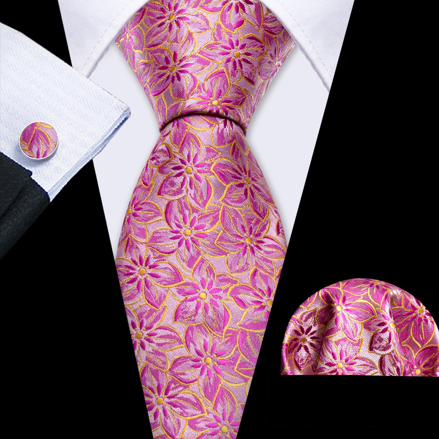 Purple Yellow Floral Silk Tie Handkerchief Cufflinks Set