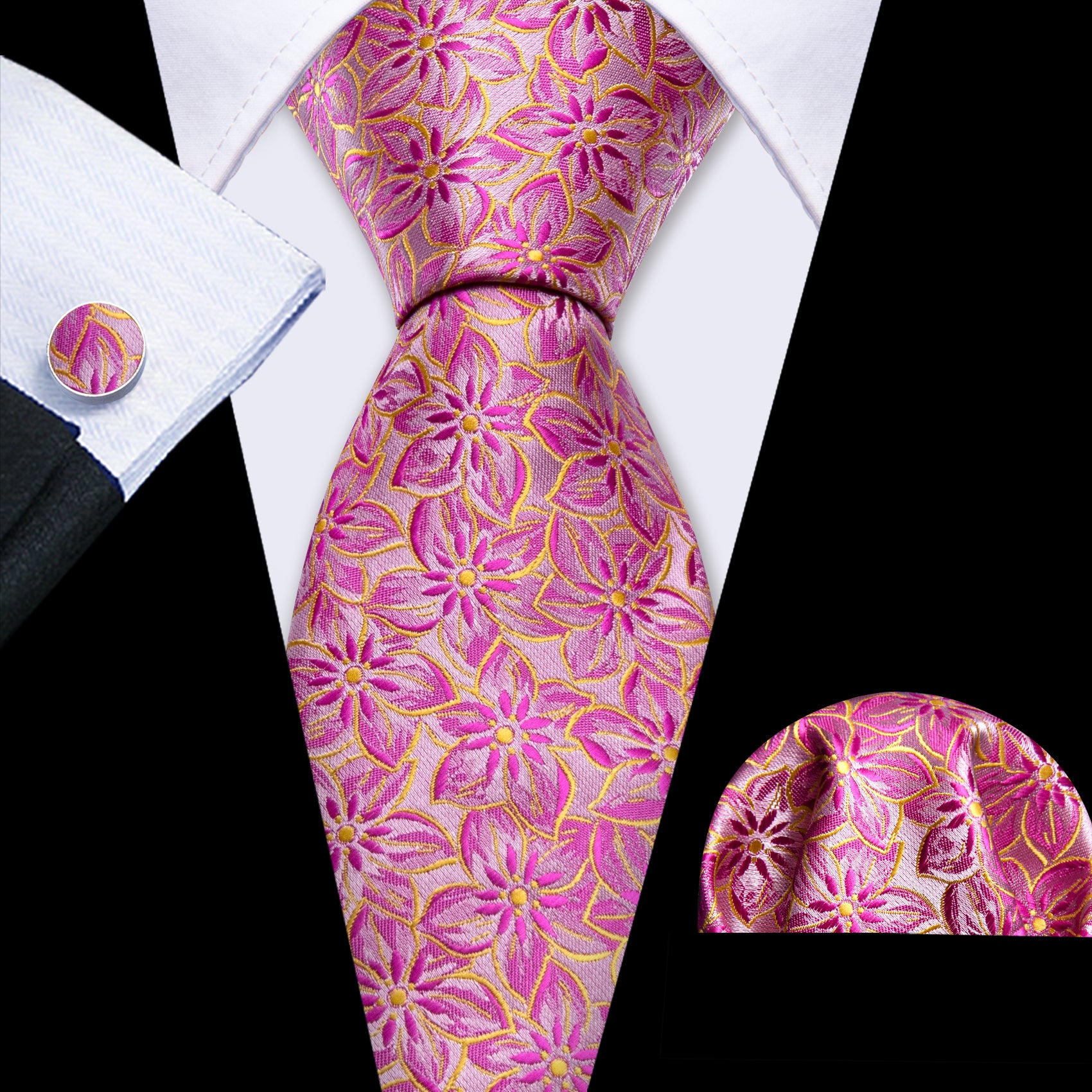 Barry Wang Pink Floral Hot Pink Peach Blossom Jacquard Silk Men's Tie Set floral purple tie