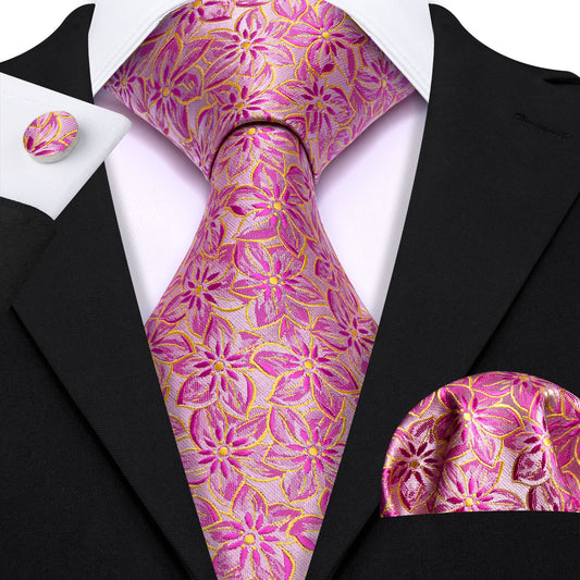 Barry Wang Pink Floral Hot Pink Peach Blossom Jacquard Silk Men's Tie Set floral purple tie