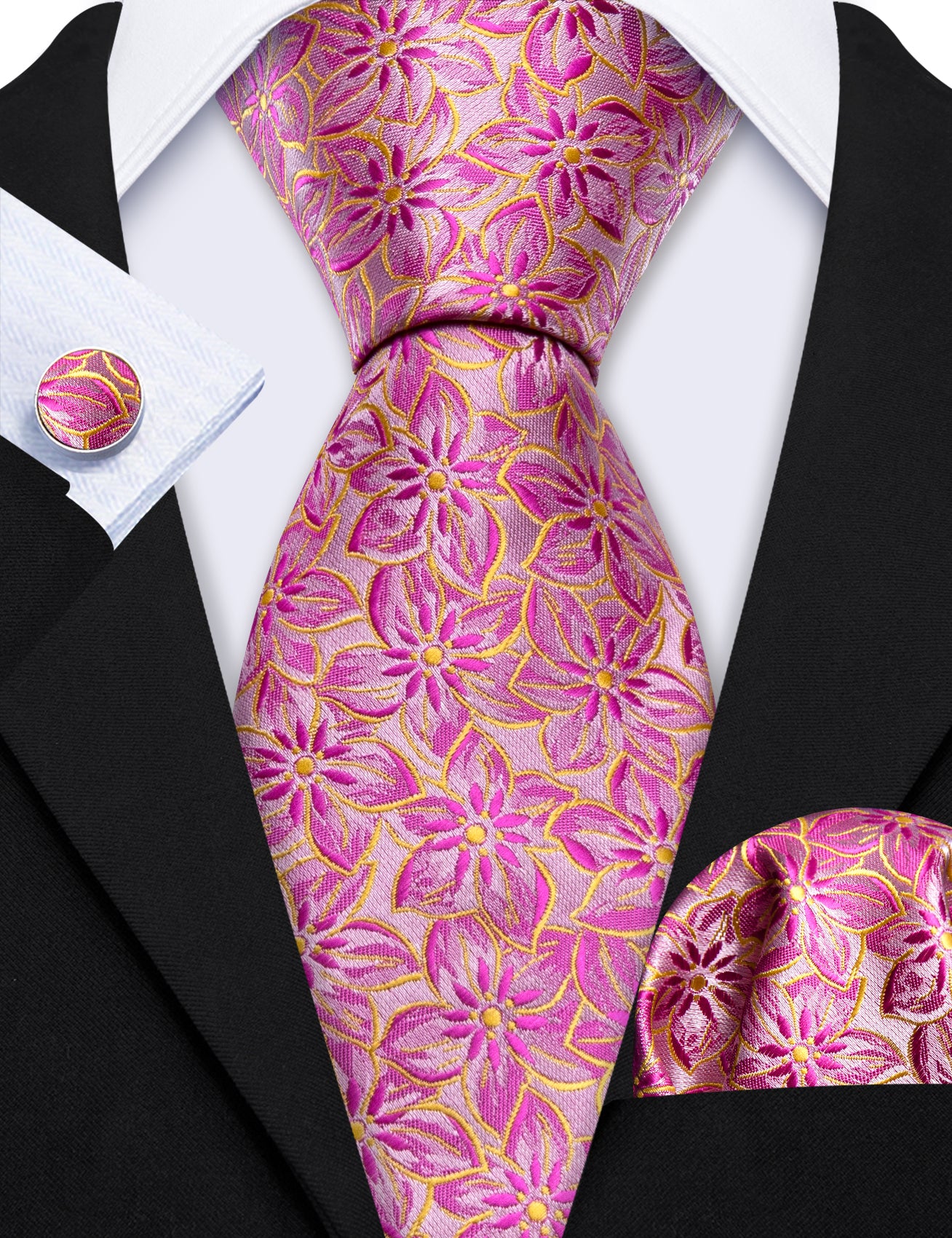 Barry Wang Pink Floral Hot Pink Peach Blossom Jacquard Silk Men's Tie Set