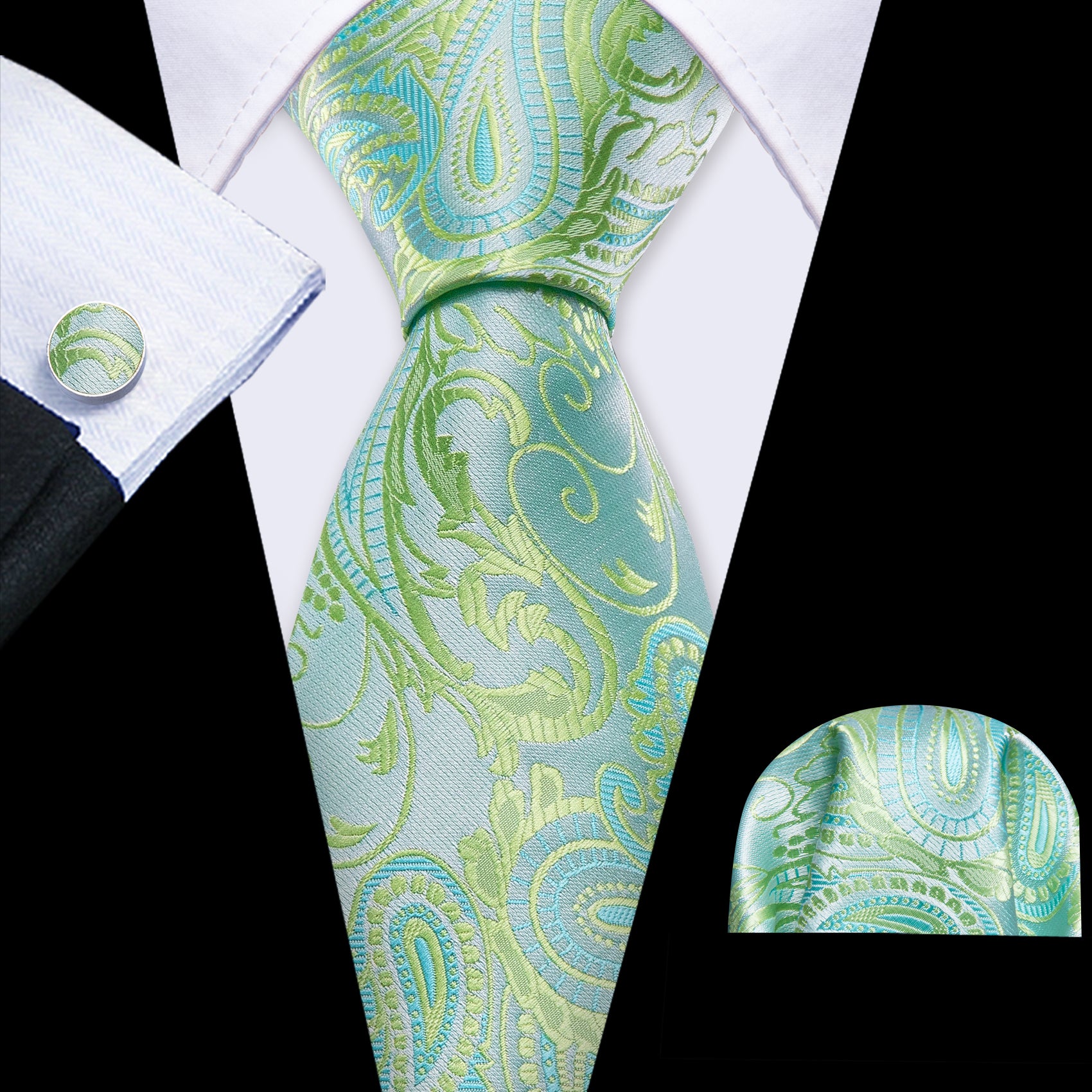 Teal Green Tie Light Green Paisleu Jacquard wedding tie for black suit 