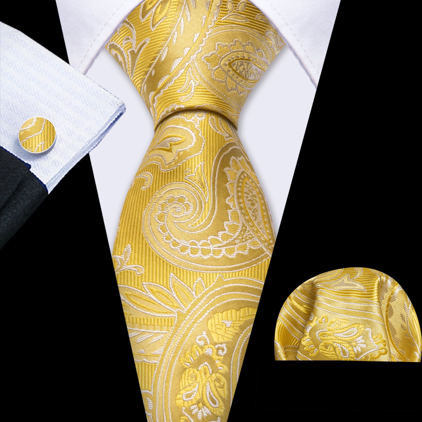 Gold Yellow Paisley Silk Tie Handkerchief Cufflinks Set