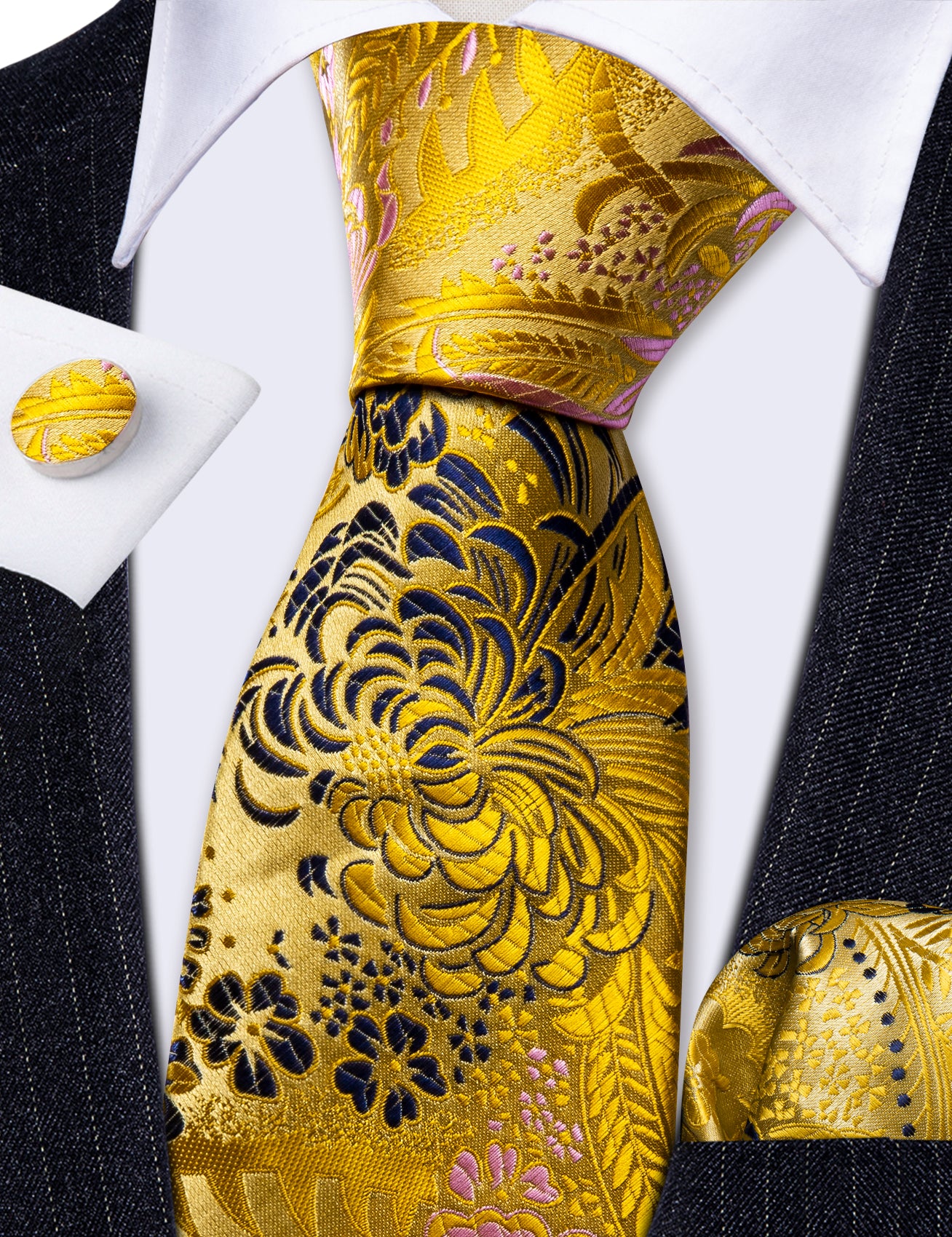 Gold Blue Floral Silk Tie Handkerchief Cufflinks Set