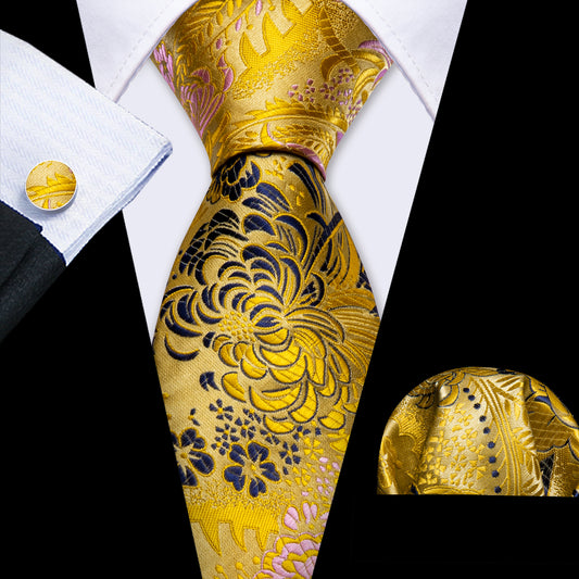 Gold Blue Floral Silk Men's Tie Handkerchief Cufflinks Set