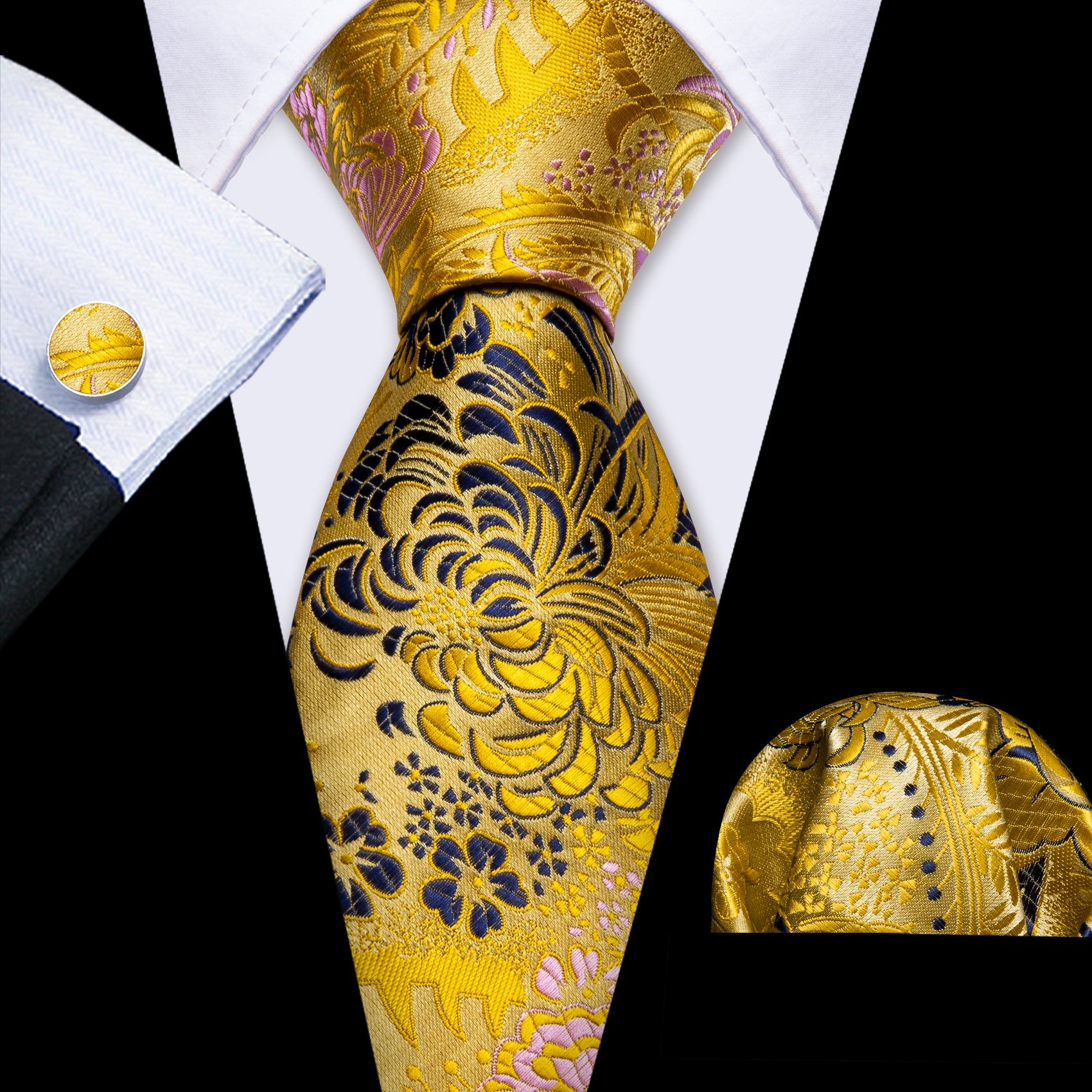 Gold Ties Black Blue Floral Jacquard Silk Wedding Tie Set