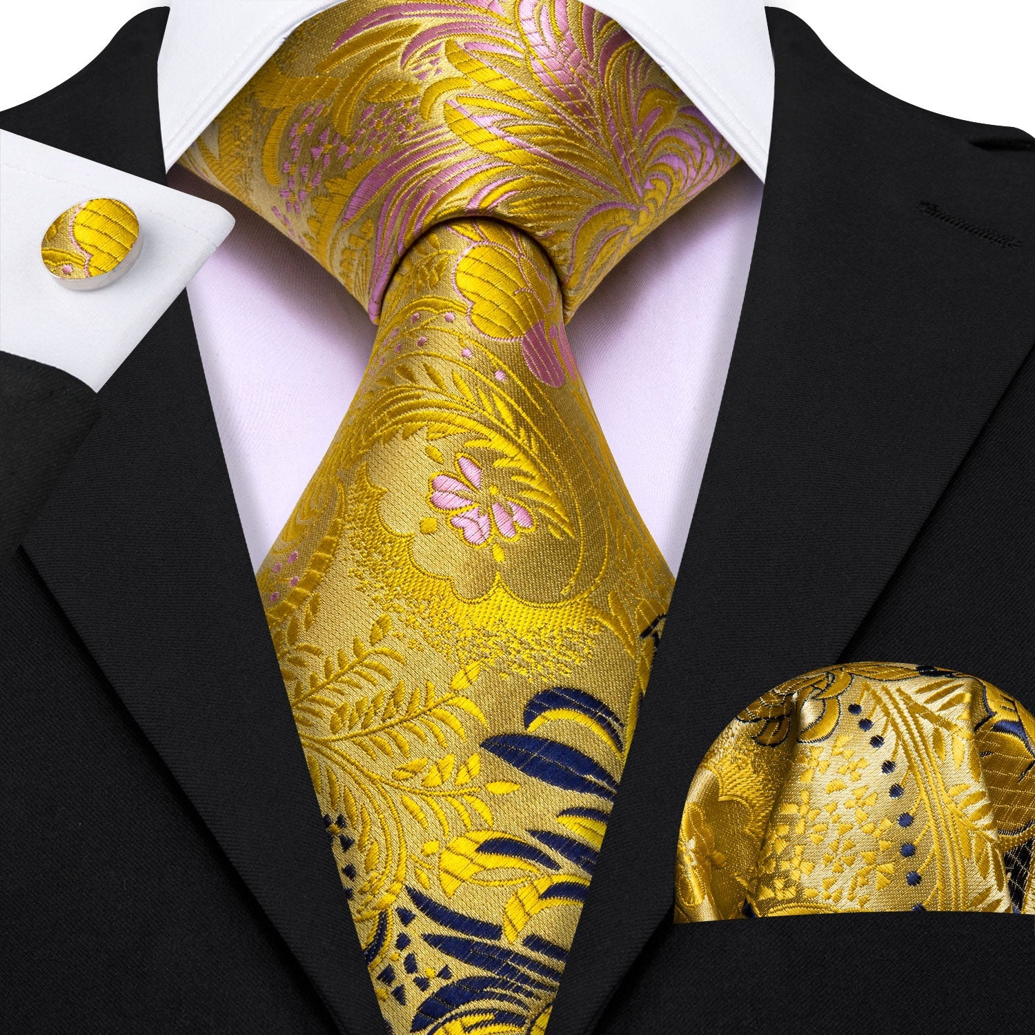Gold Ties Black Blue Floral Jacquard Silk Wedding Tie Pink Floral  Set
