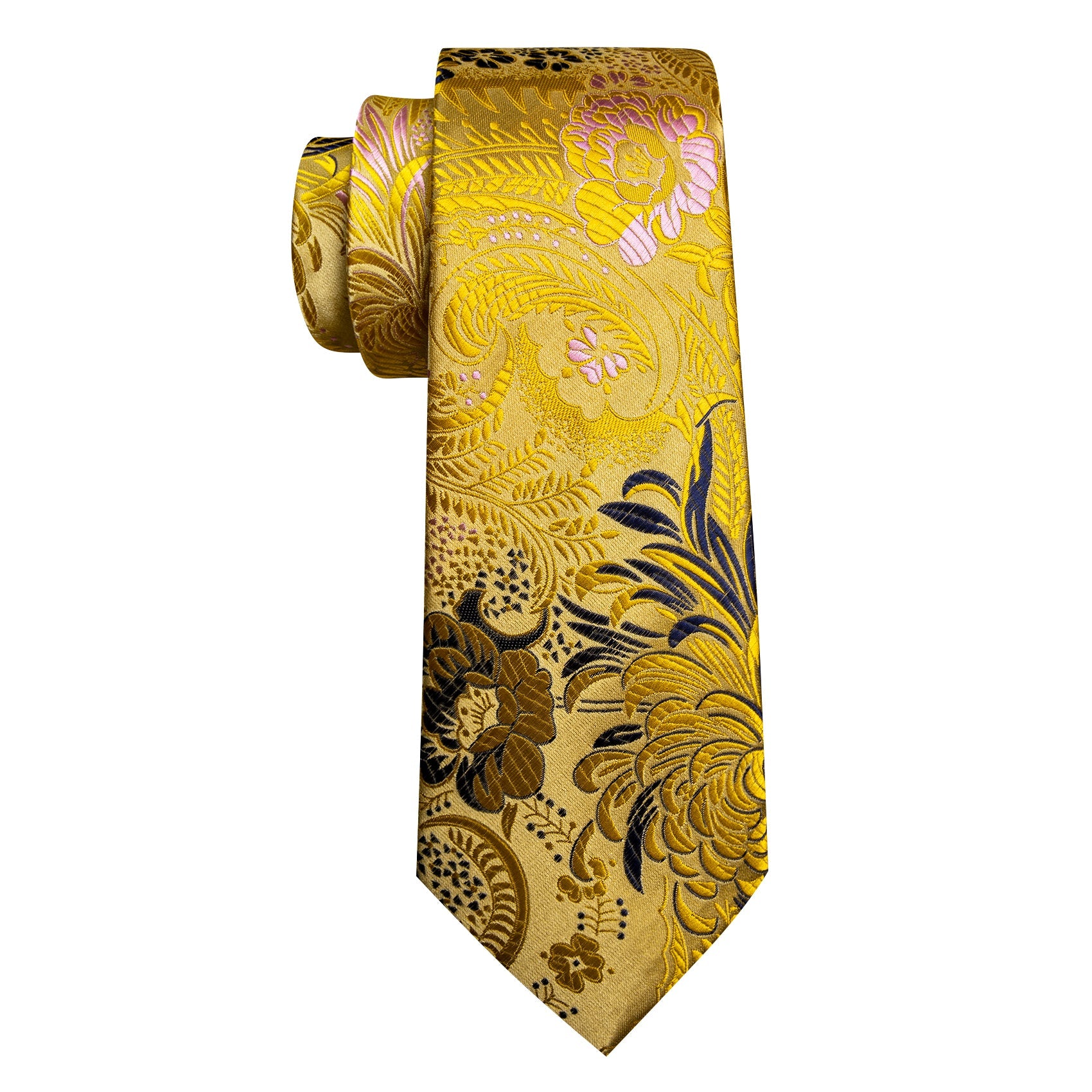 Gold Blue Floral Silk Tie Handkerchief Cufflinks Set