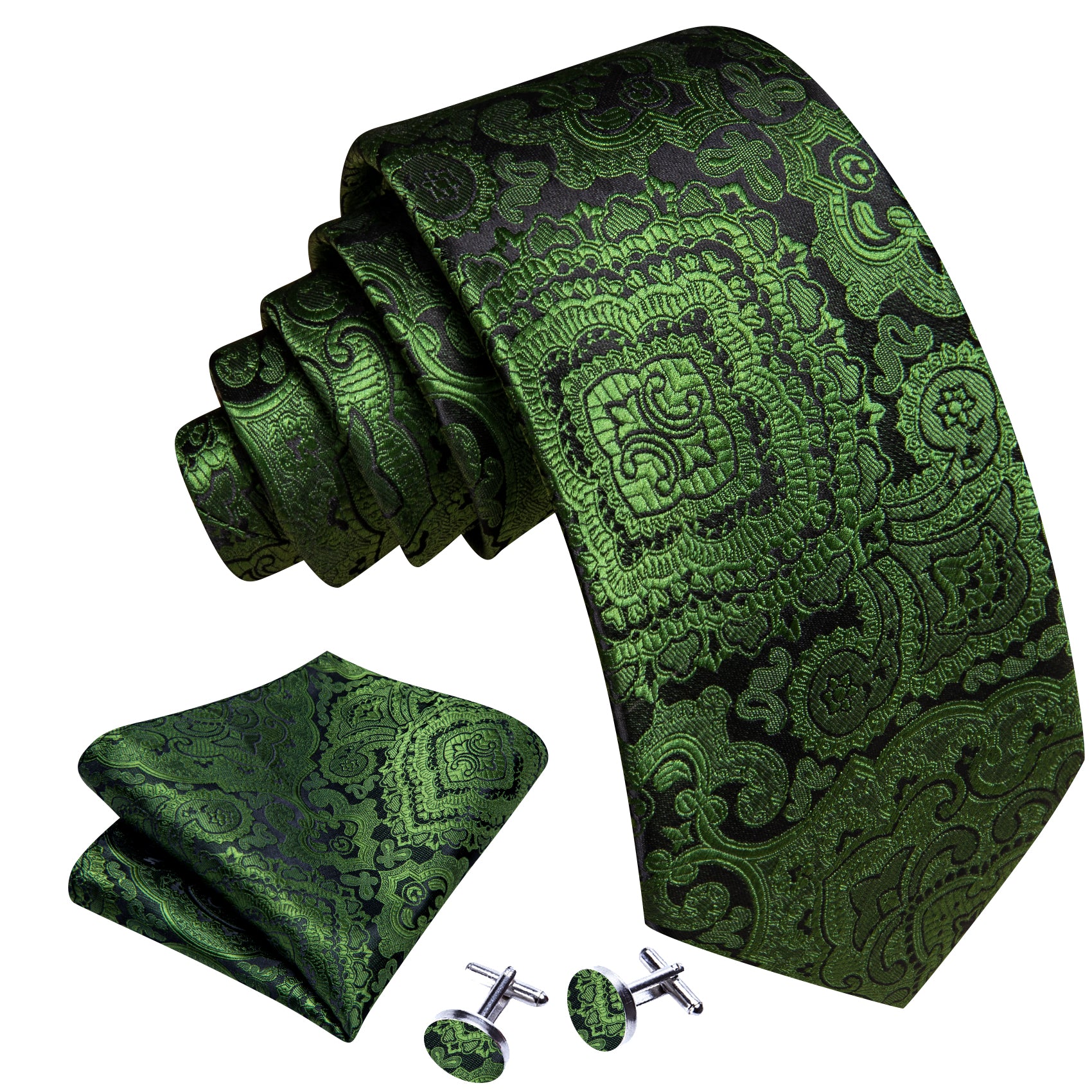 Olivedrab Paisley Silk Tie Handkerchief Cufflinks Set