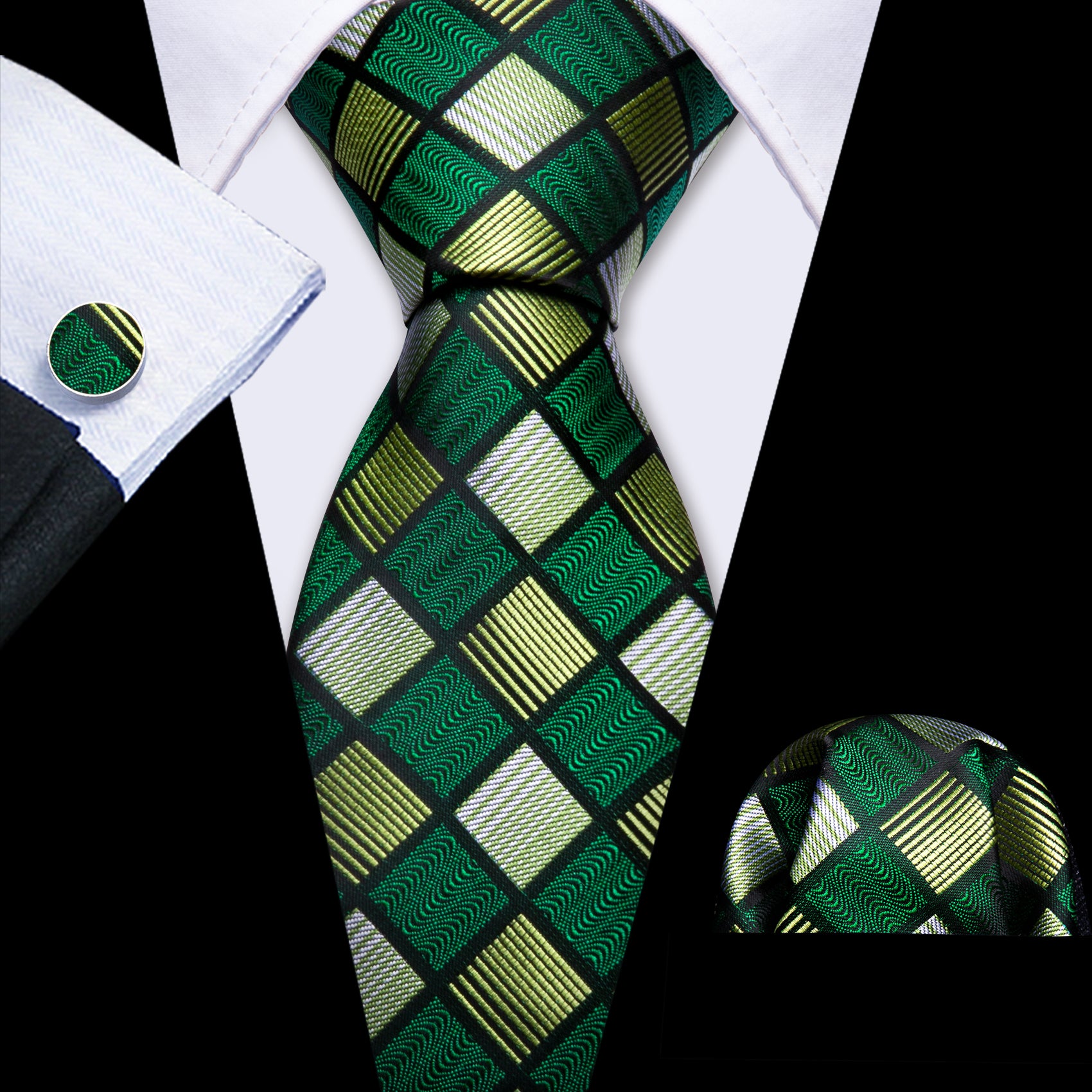 Barry Wang Green Plaid Silk Tie Handkerchief Cufflinks Set