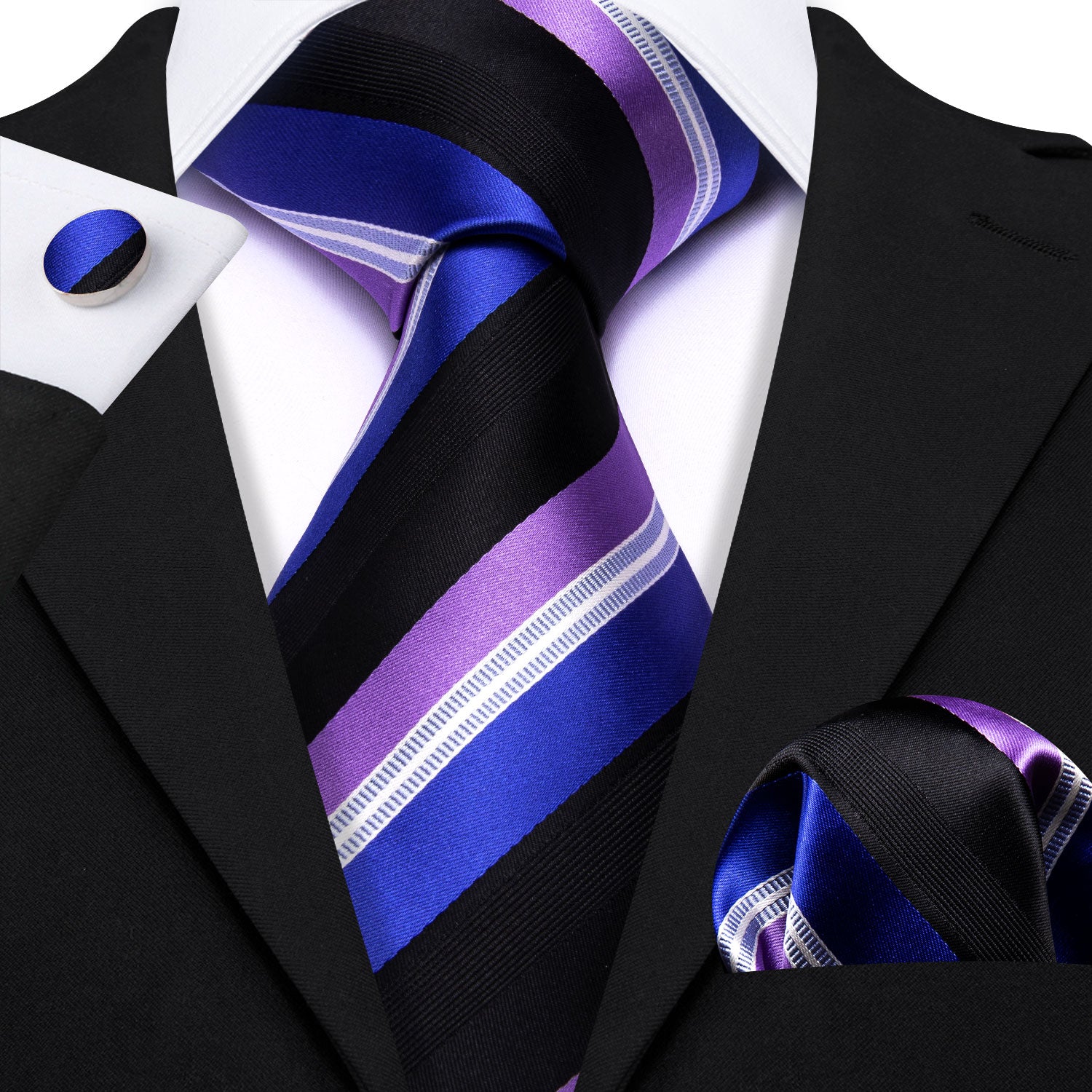 Blue Purple Striped Silk Tie Handkerchief Cufflinks Set