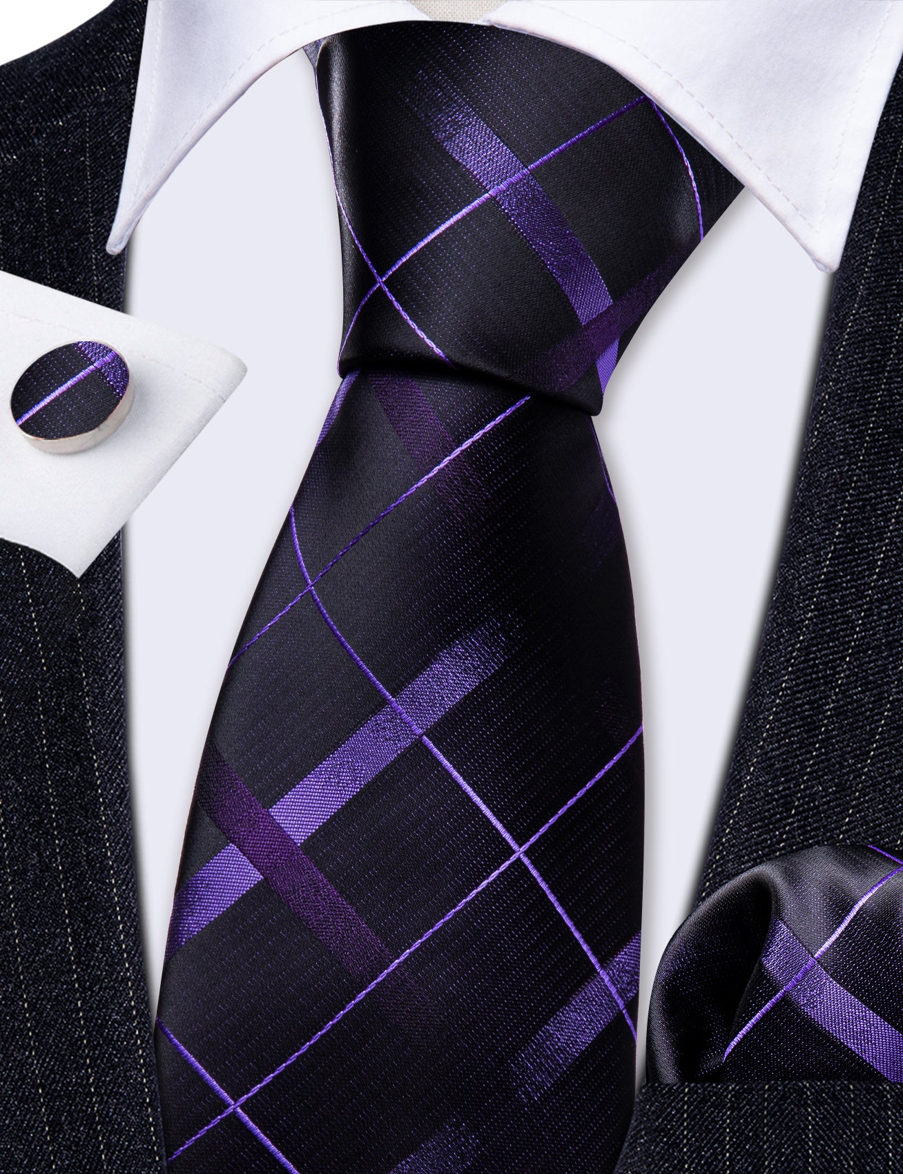 Black Purple Plaid Silk Tie Handkerchief Cufflinks Set