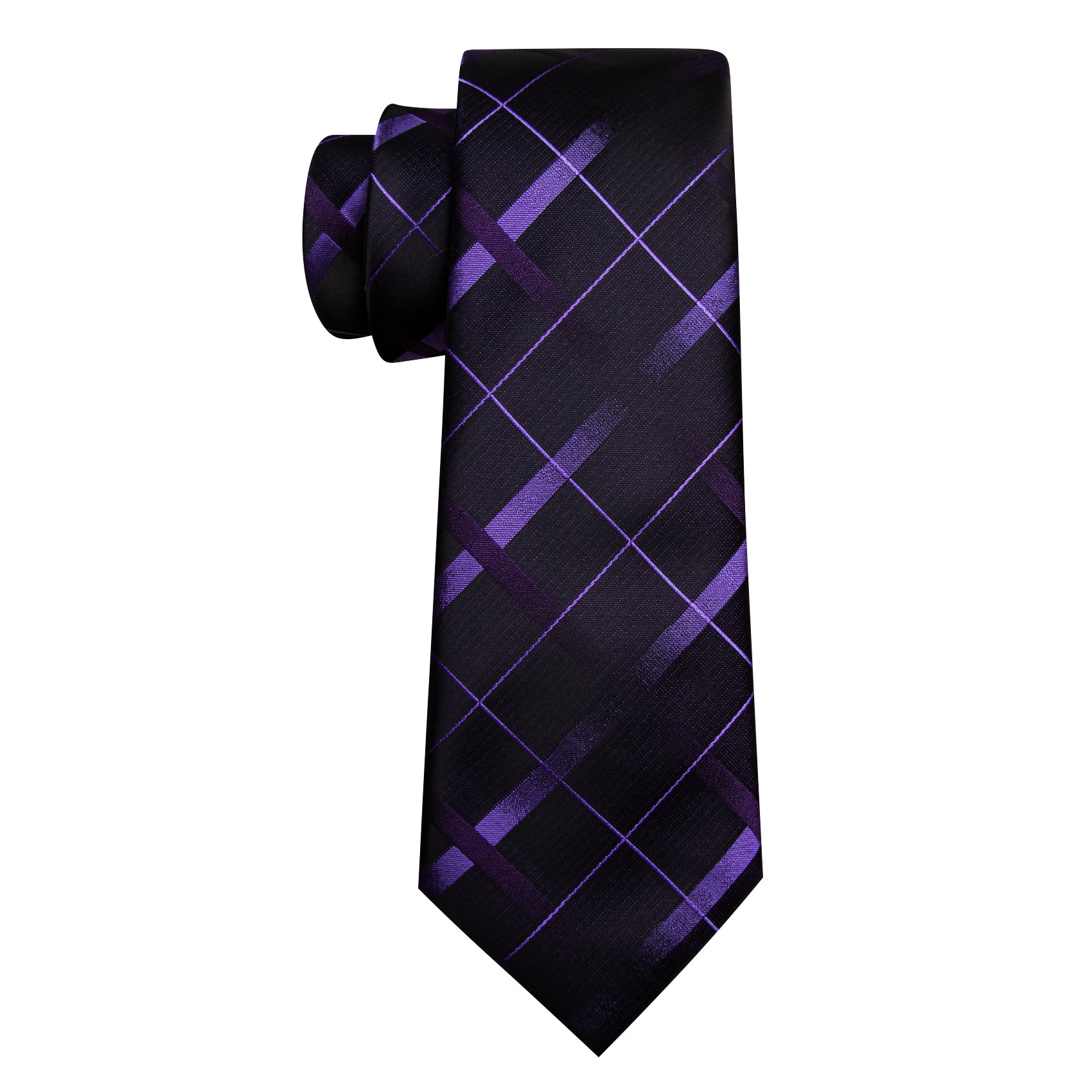 Black Purple Plaid Silk Tie Handkerchief Cufflinks Set