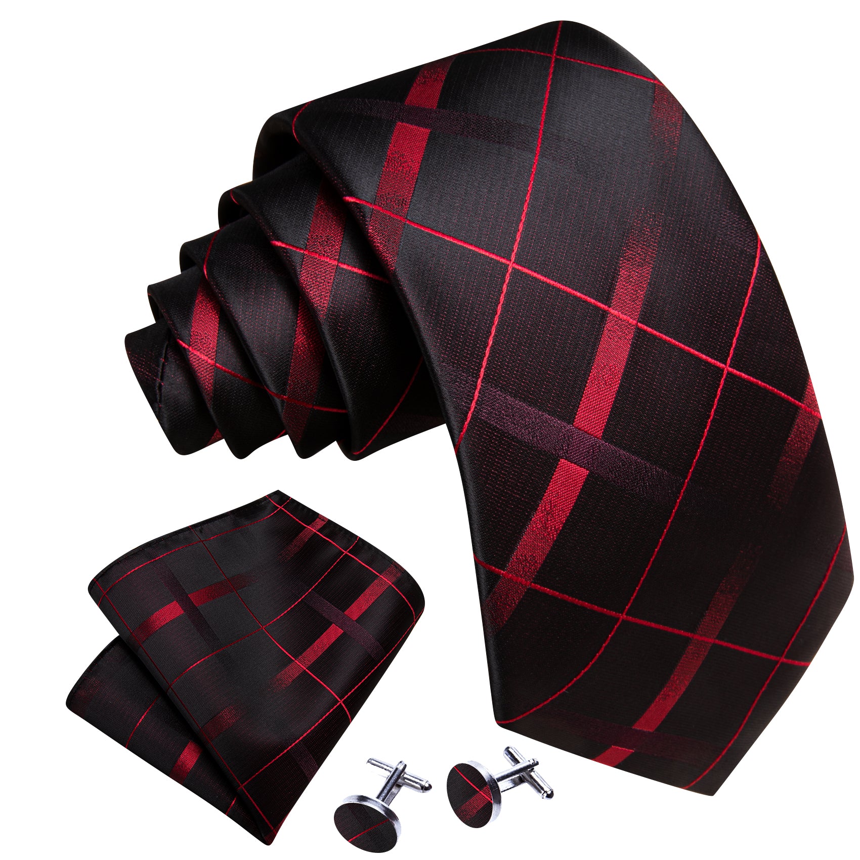  Black Red Plaid Silk Tie Handkerchief Cufflinks Set
