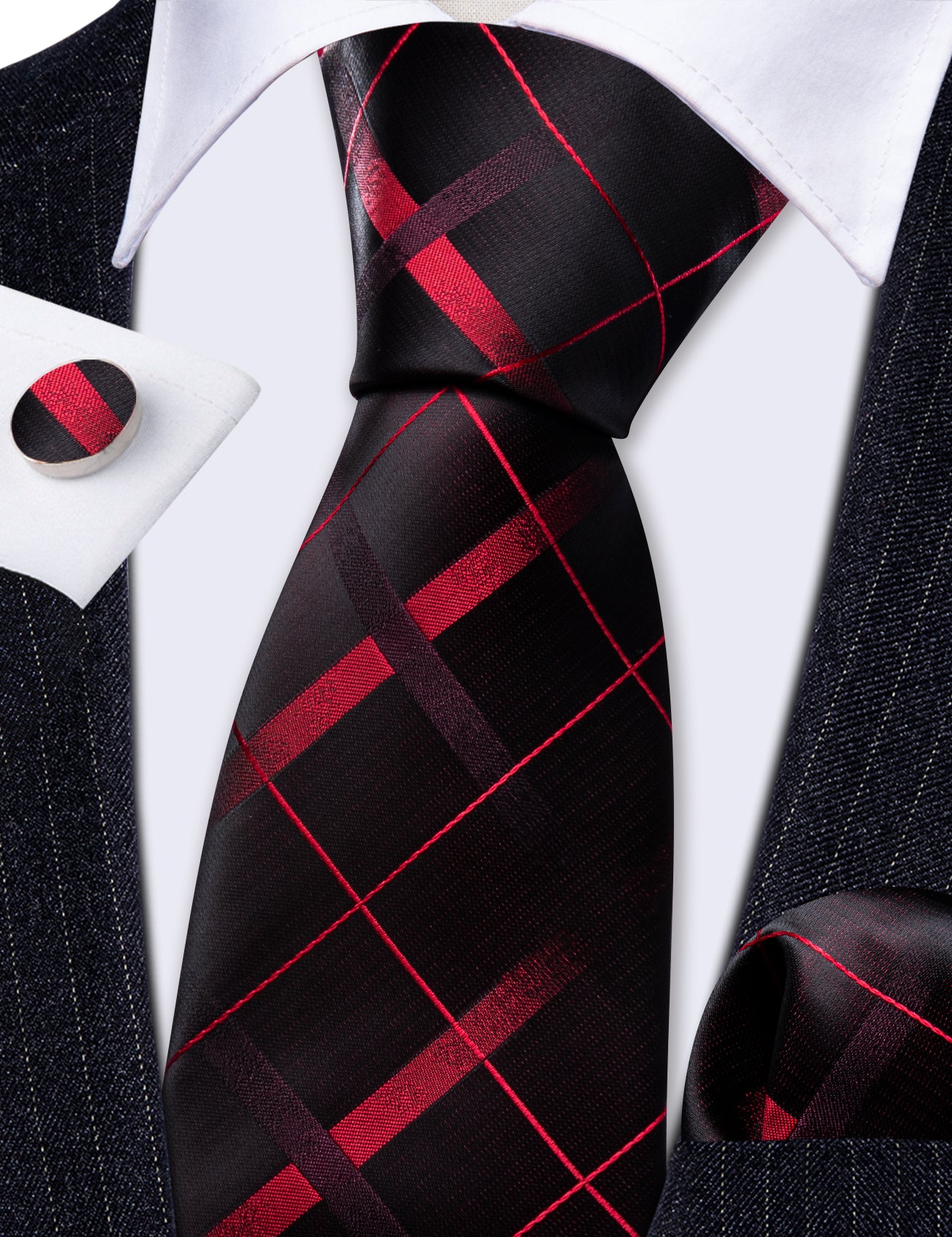  Black Red Plaid Silk Tie Handkerchief Cufflinks Set