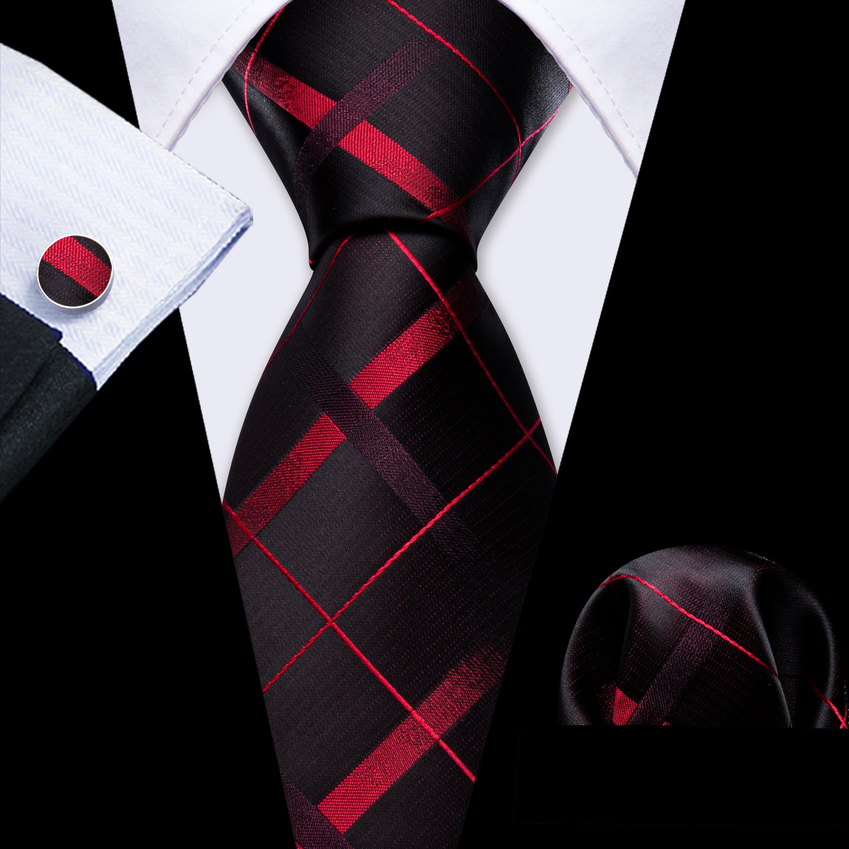 Black Red Plaid Silk Tie Handkerchief Cufflinks Set