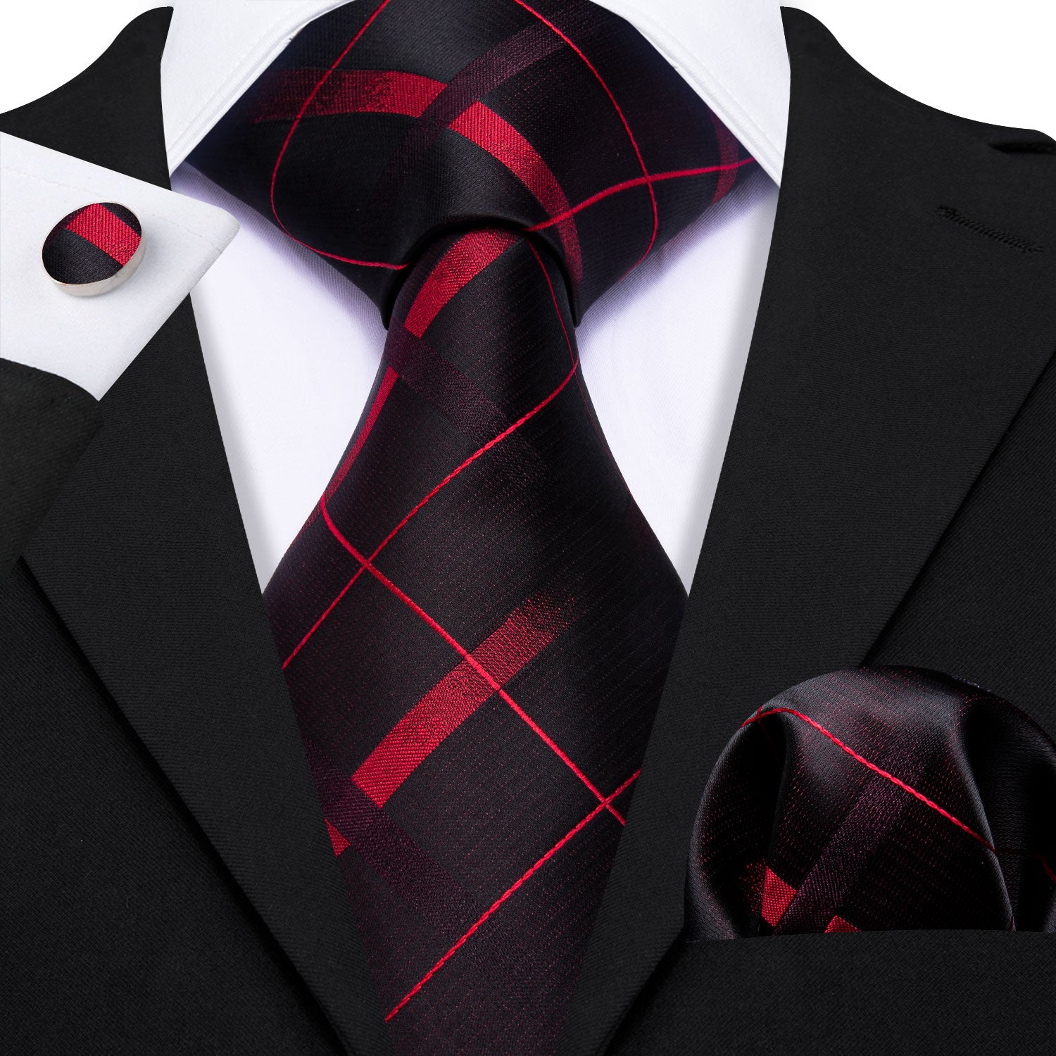 Black Red Plaid Silk Tie Handkerchief Cufflinks Set