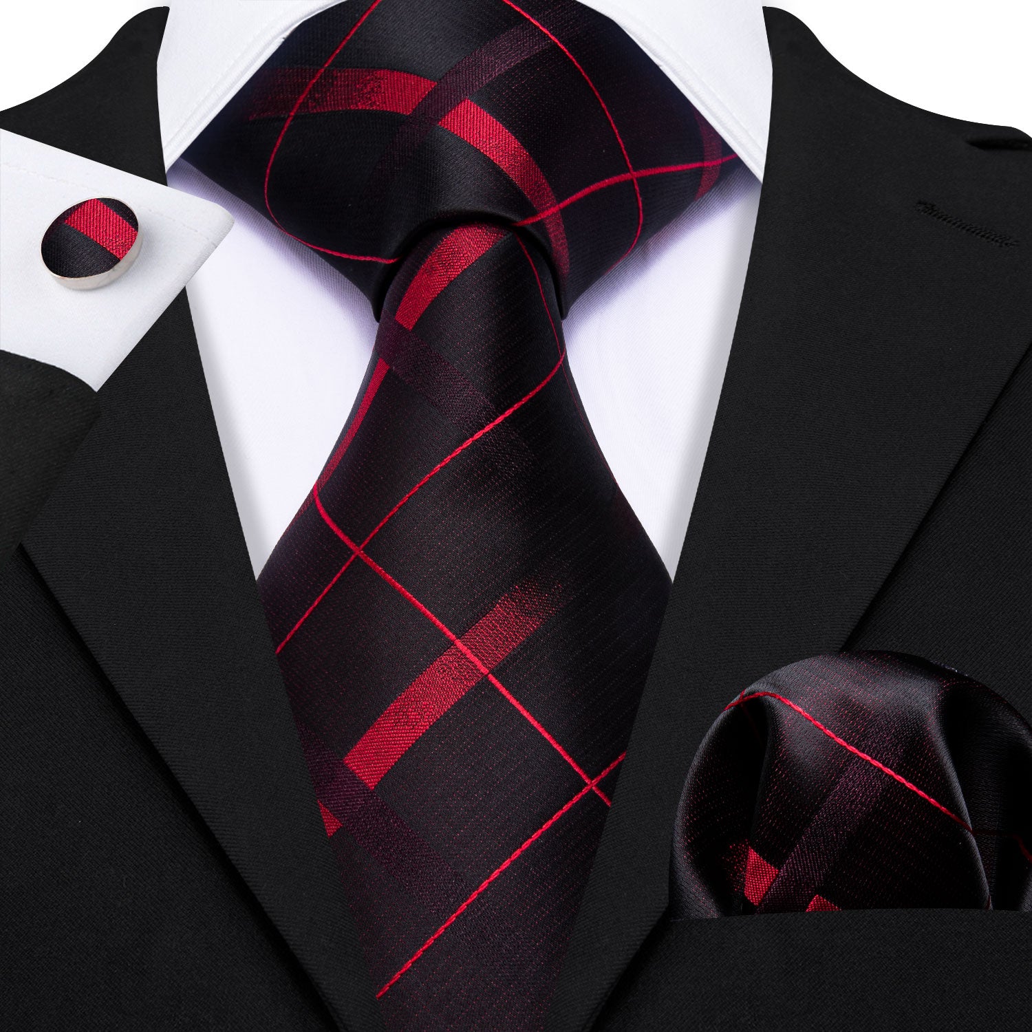  Black Red Plaid Silk Tie Handkerchief Cufflinks Set