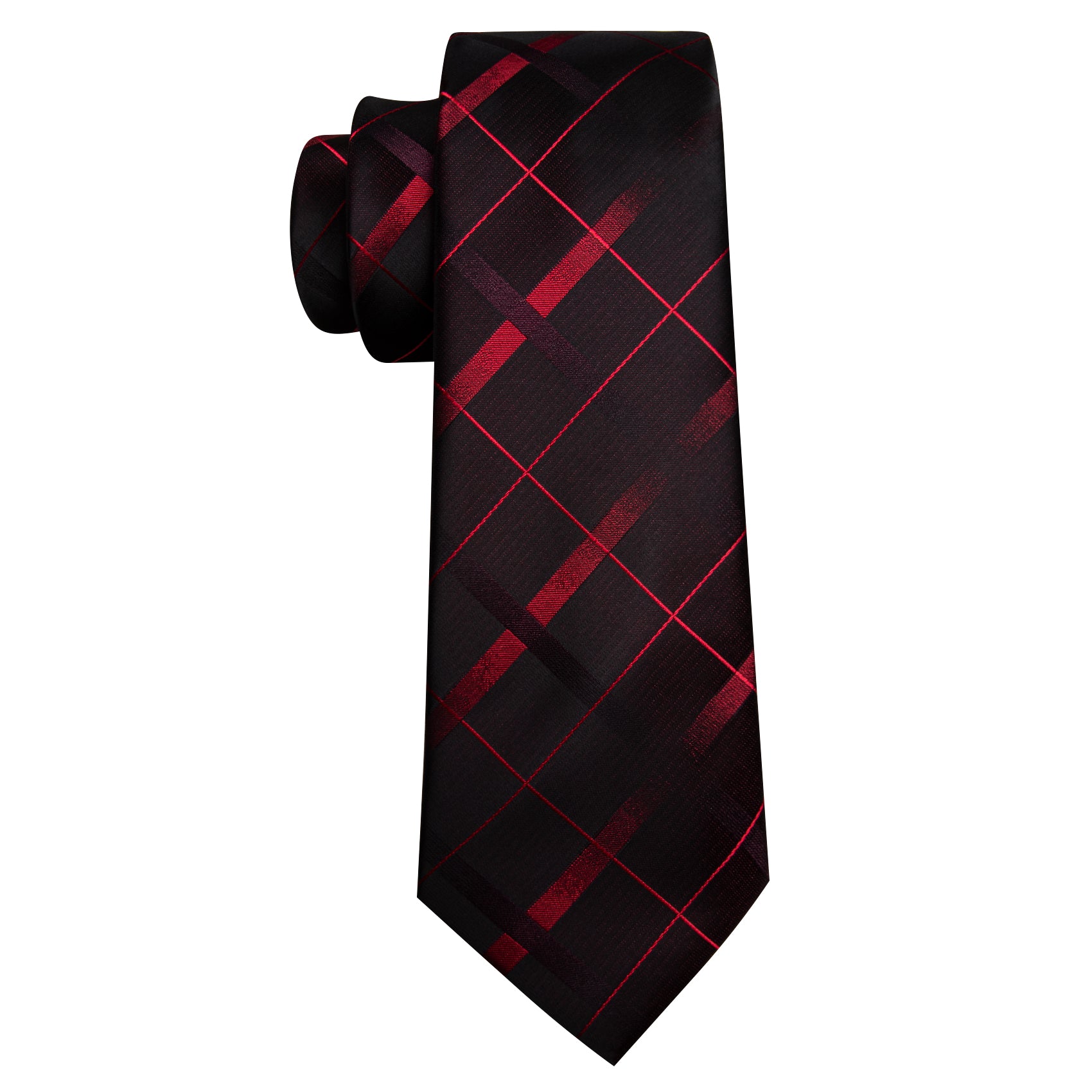  Black Red Plaid Silk Tie Handkerchief Cufflinks Set