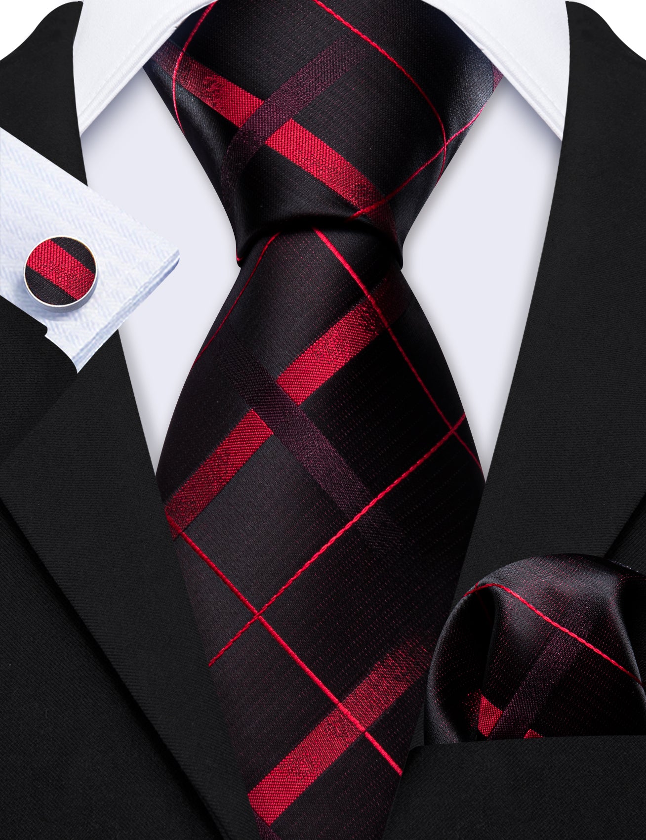  Black Red Plaid Silk Tie Handkerchief Cufflinks Set