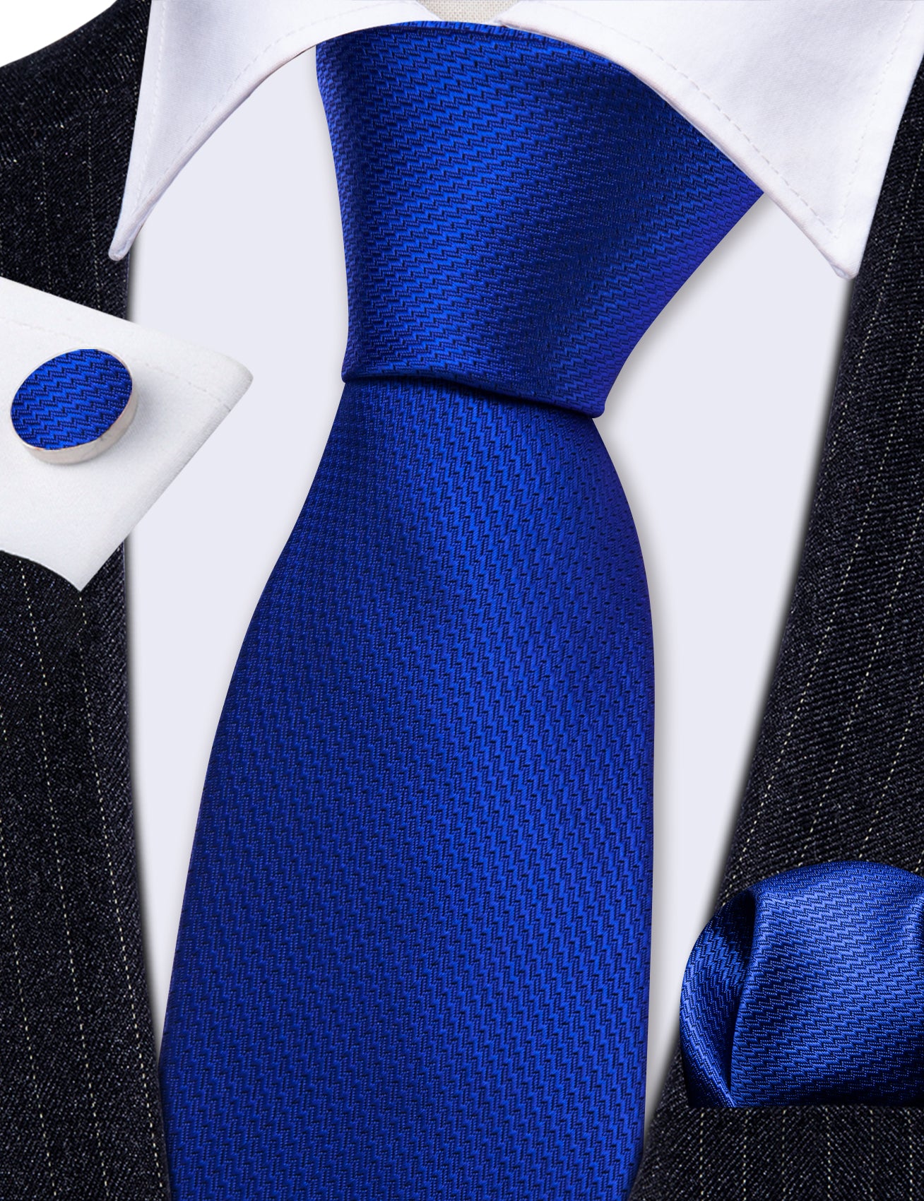  Cobalt Blue Solid Silk Men's Tie Handkerchief Cufflinks Set