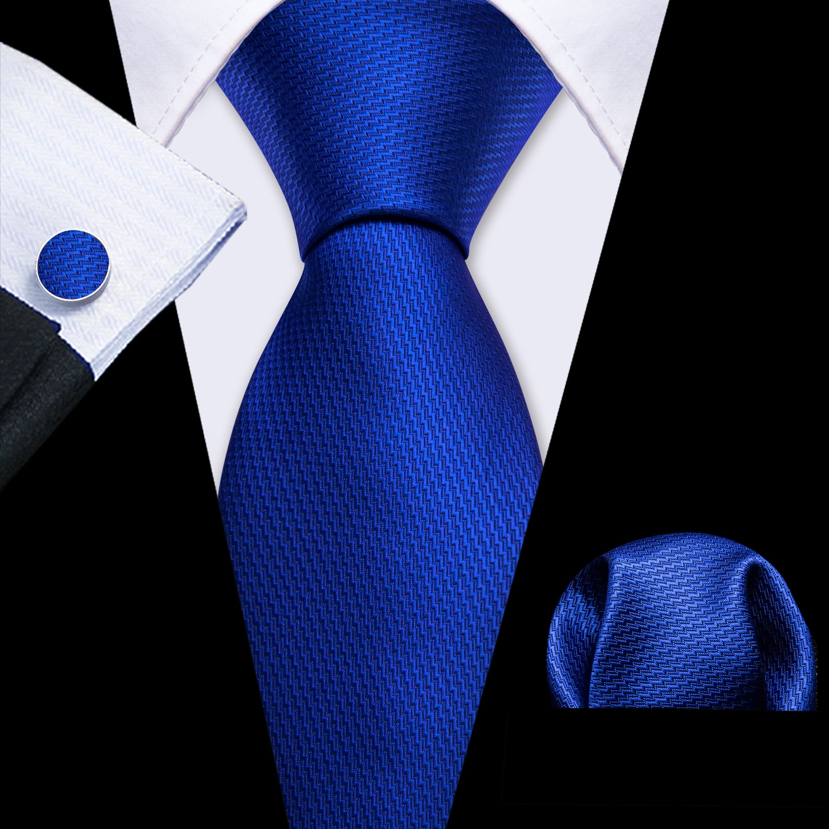  Cobalt Blue Solid Silk Men's Tie Handkerchief Cufflinks Set