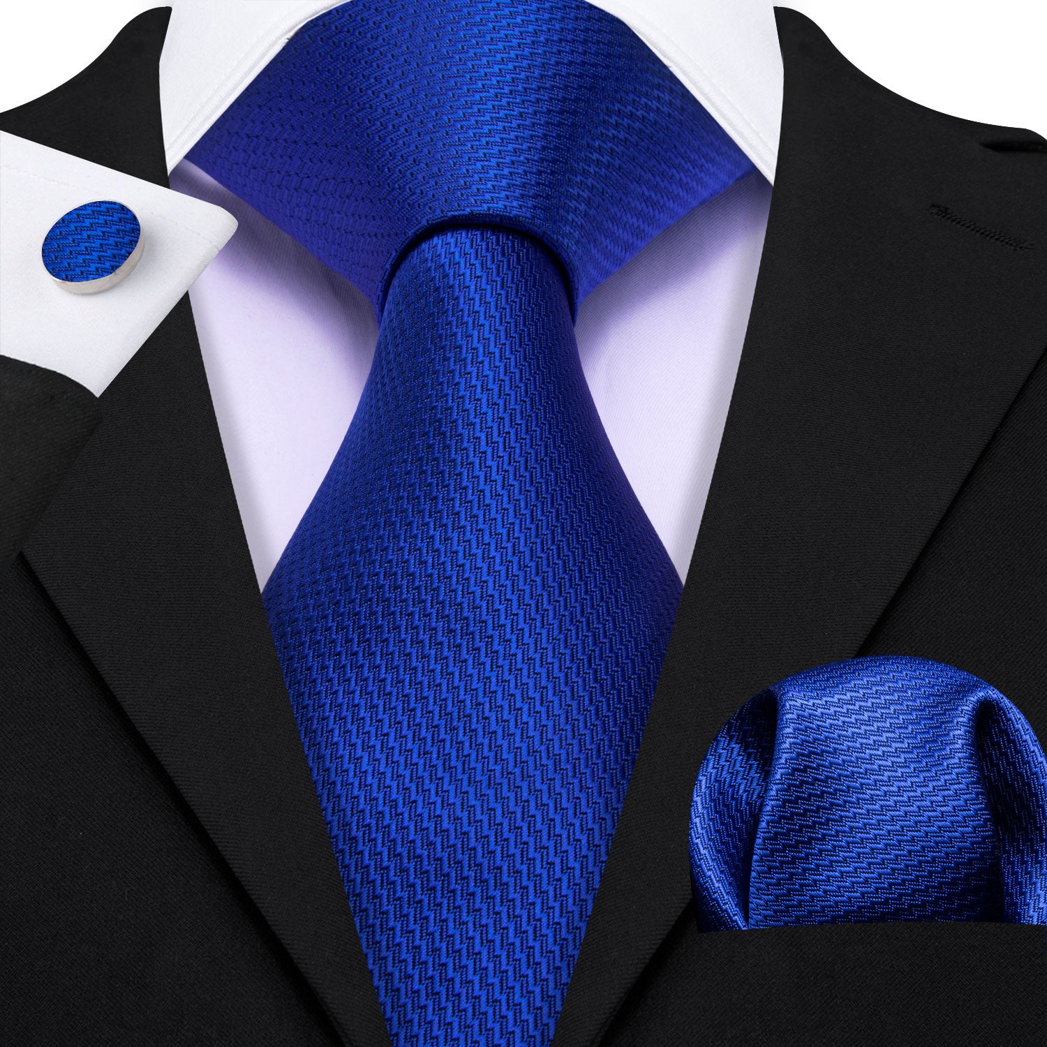  Cobalt Blue Solid Silk Men's Tie Handkerchief Cufflinks Set