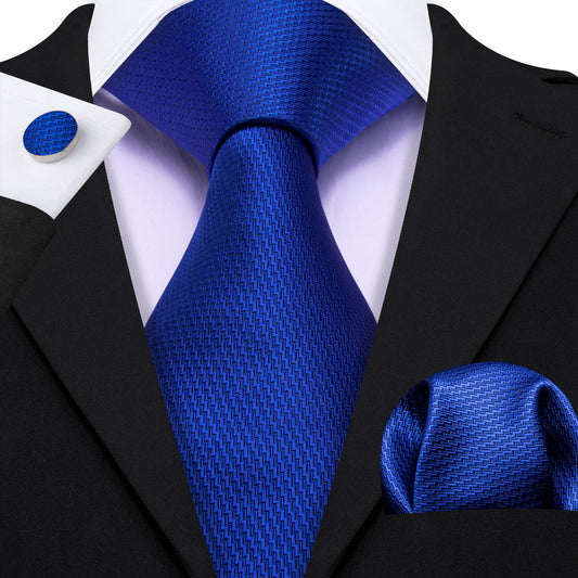  Cobalt Blue Solid Silk Men's Tie Handkerchief Cufflinks Set