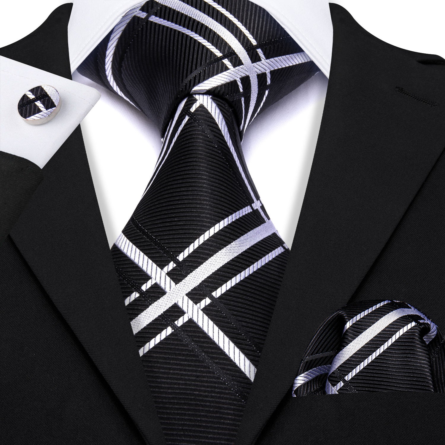 Black White Striped Silk Tie Handkerchief Cufflinks Set
