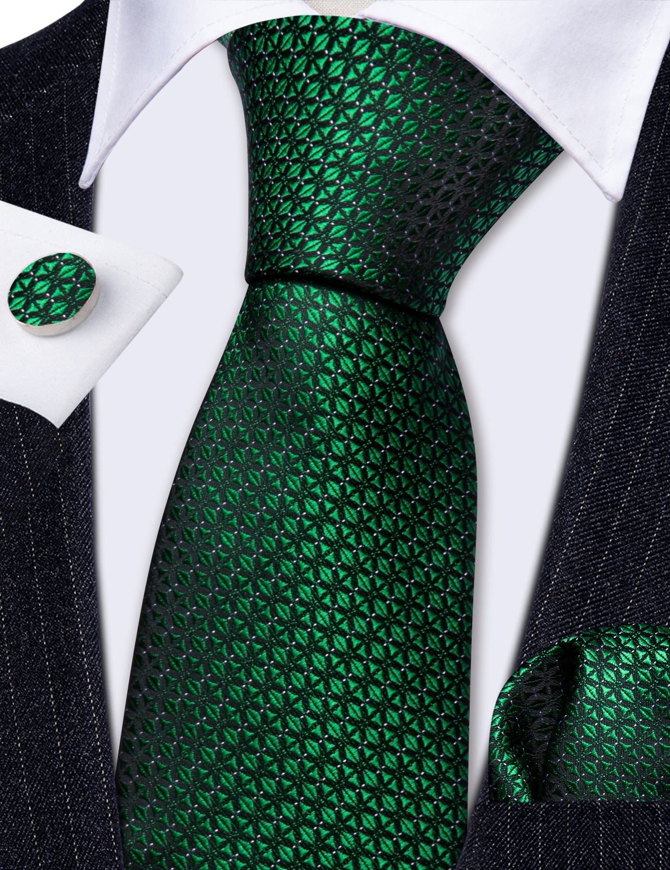  Novetly Green Plaid Silk Tie Handkerchief Cufflinks Set