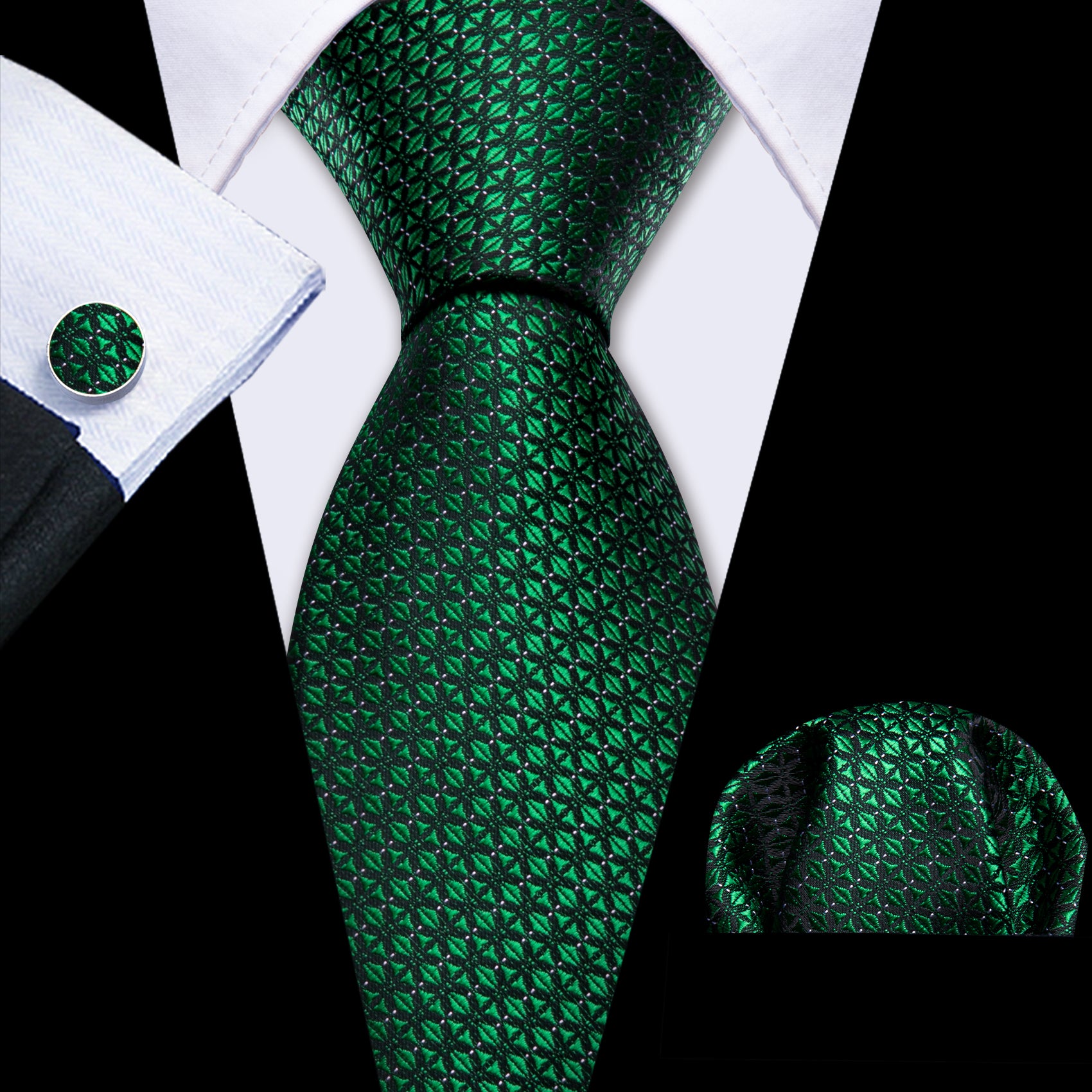 Novetly Green Plaid Silk Tie Handkerchief Cufflinks Set