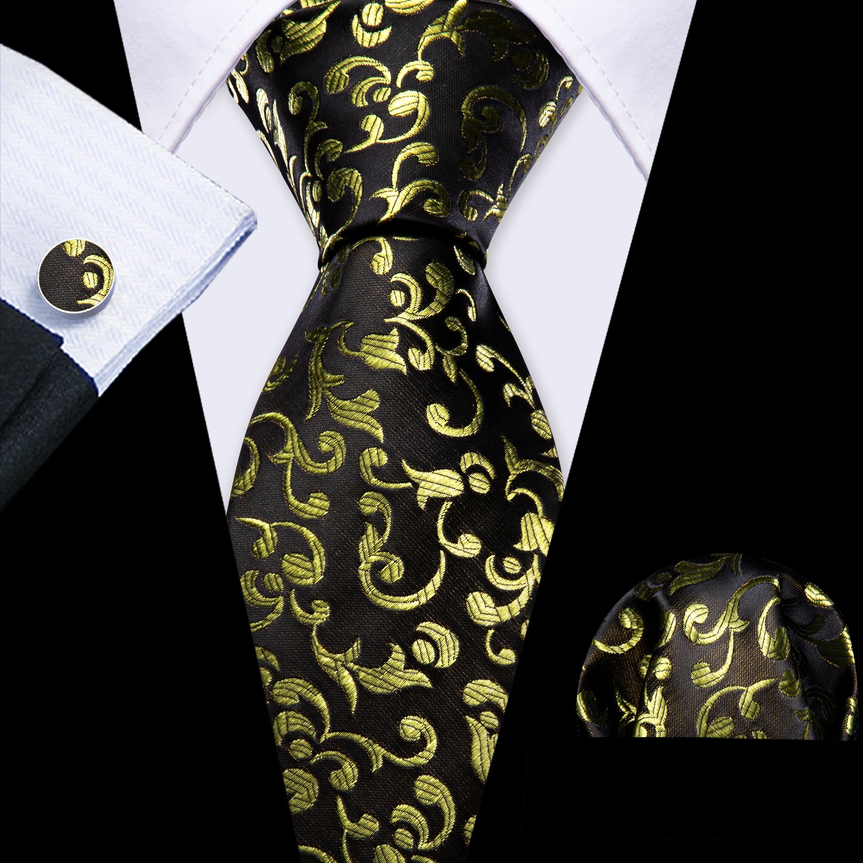 Black Yellow Floral Silk Tie Handkerchief Cufflinks Set