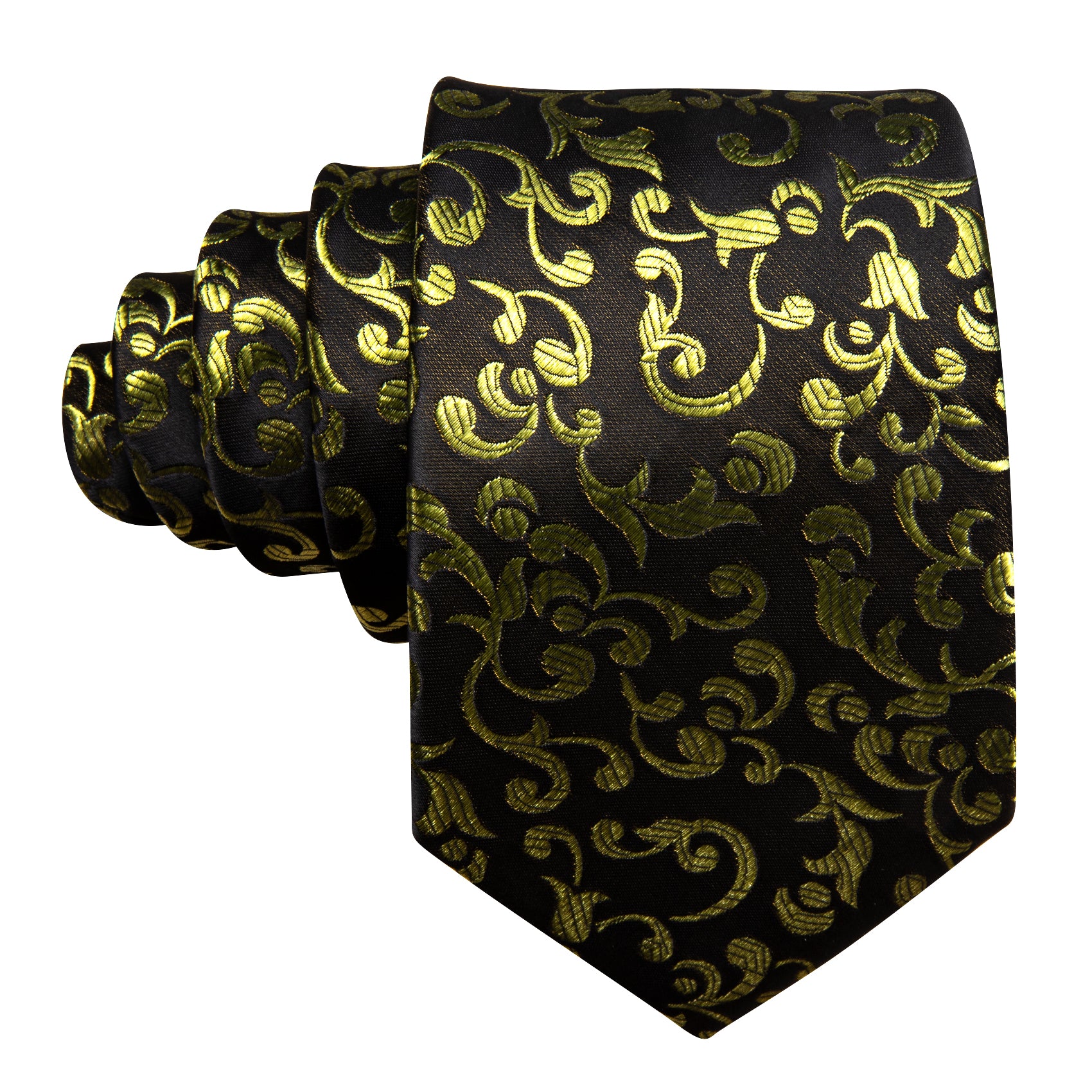 Black Yellow Floral Silk Tie Handkerchief Cufflinks Set