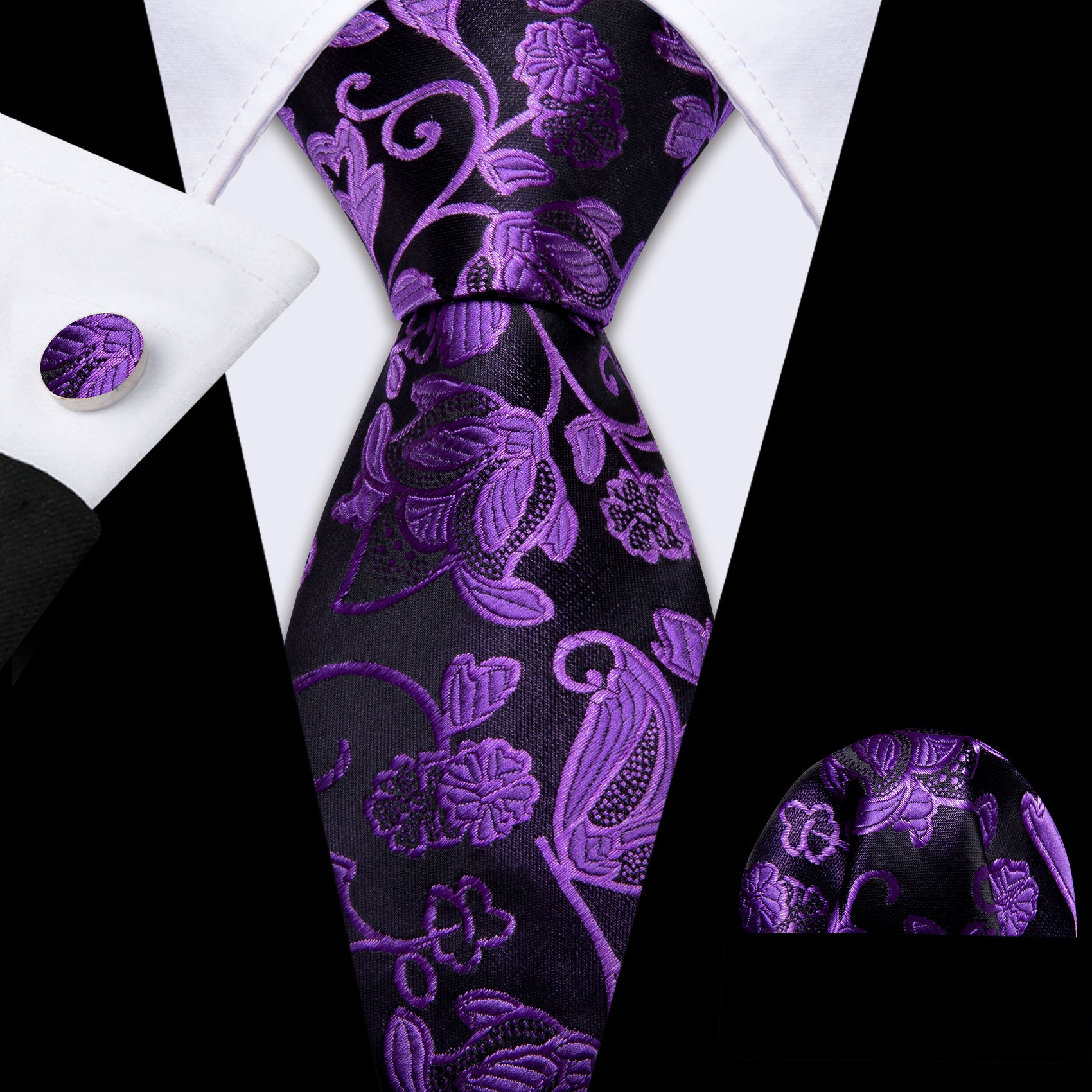 Purple Black Floral Silk Tie Handkerchief Cufflinks Set