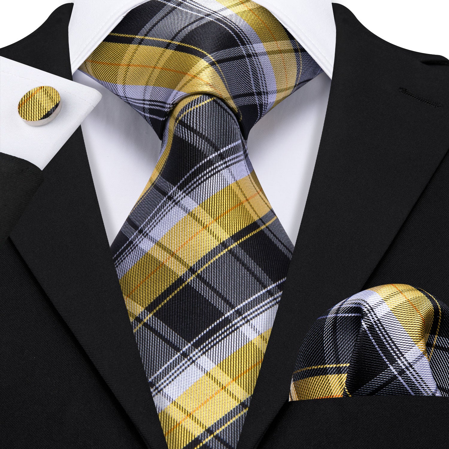 Black Yellow Striped Silk Tie Handkerchief Cufflinks Set