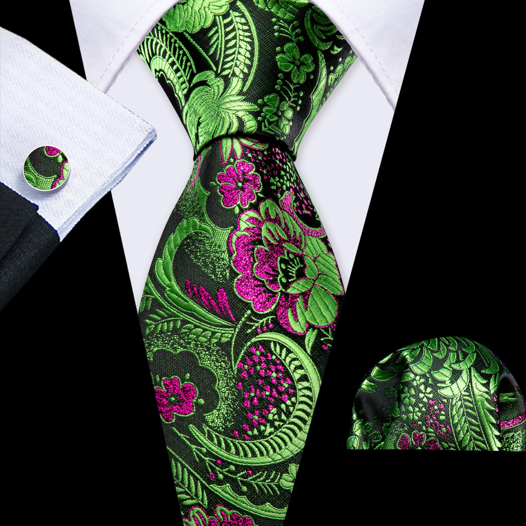 Barry Wang Green Red Violet Paisley Silk Tie Pocket Square Cufflinks Set