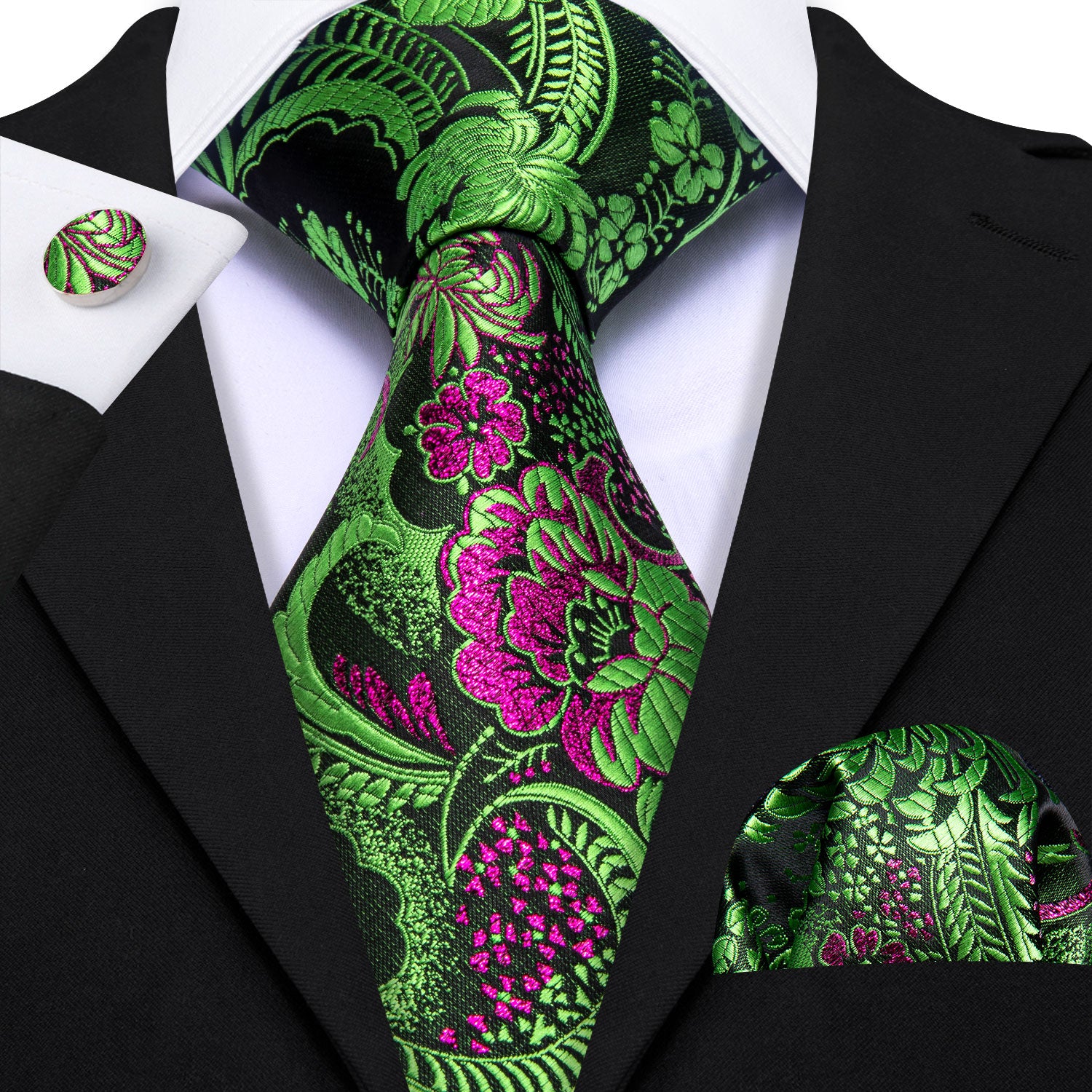 Barry Wang Green Red Violet Paisley Silk Tie Pocket Square Cufflinks Set
