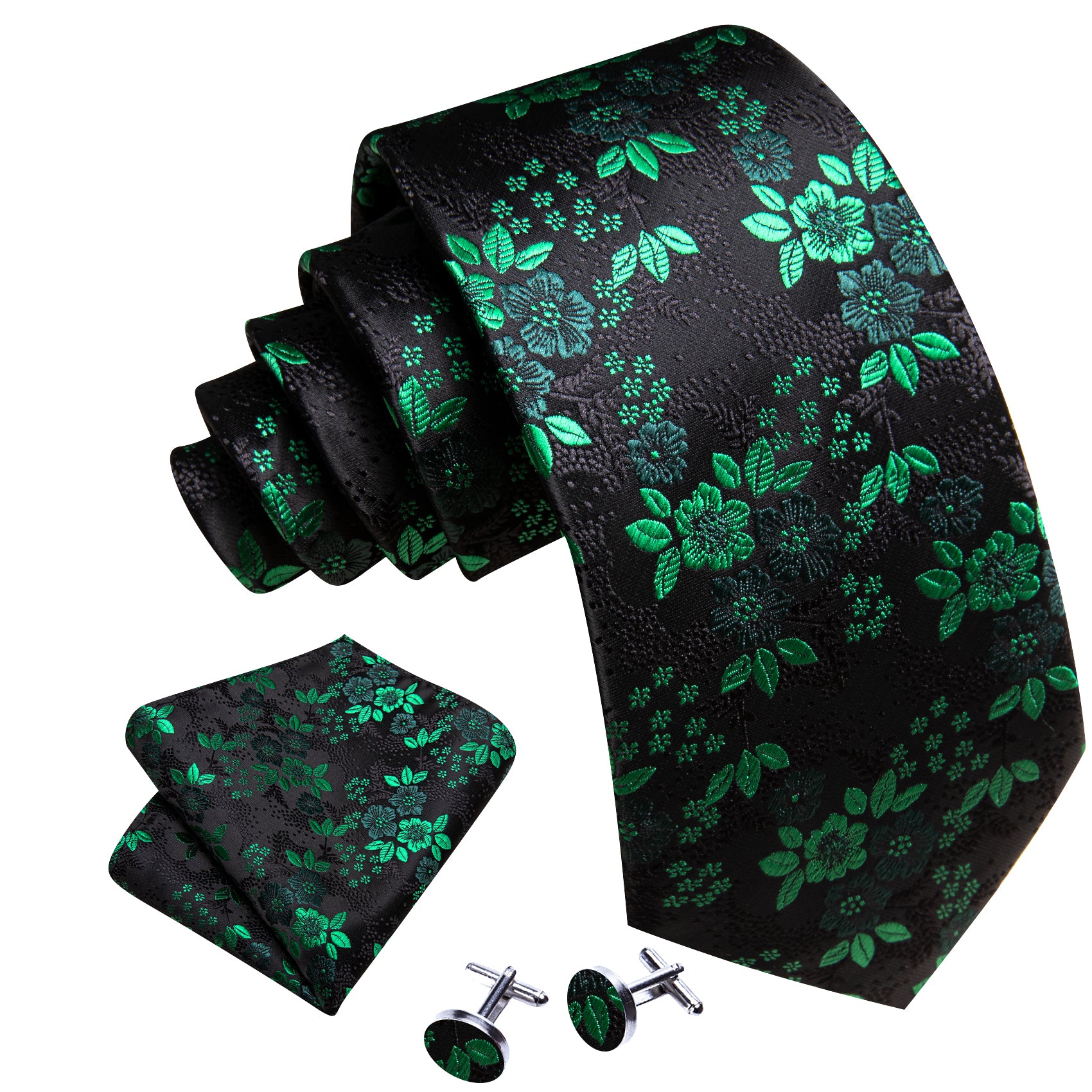 Barry Wang Green Black Floral Silk Tie Pocket Square Cufflinks Set