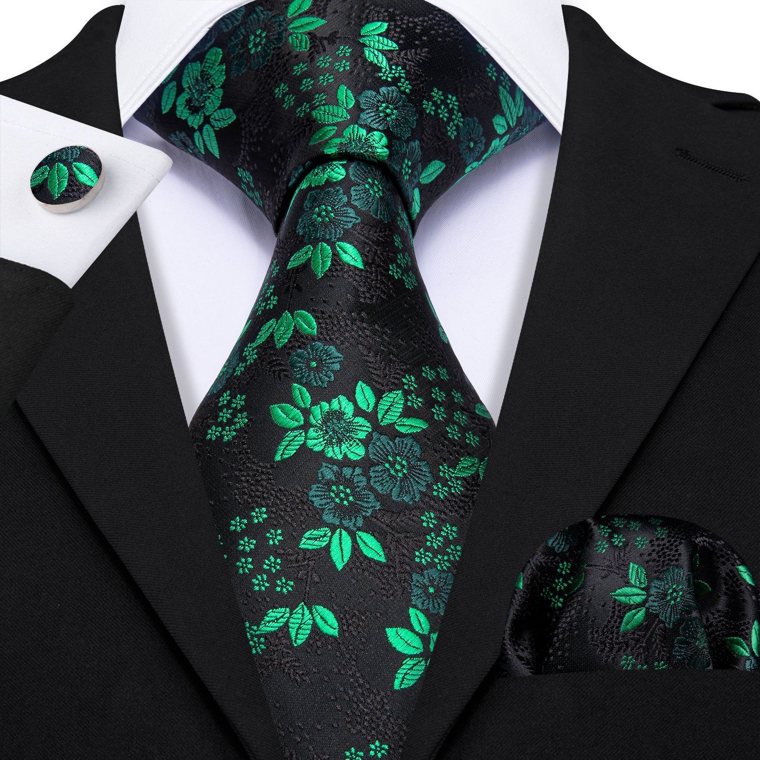 Green Black Floral Silk Tie Pocket Square Cufflinks Set