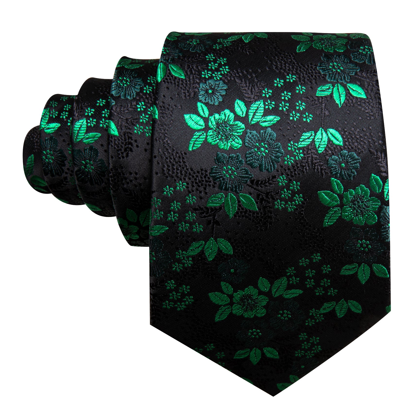 Green Black Floral Silk Tie Pocket Square Cufflinks Set