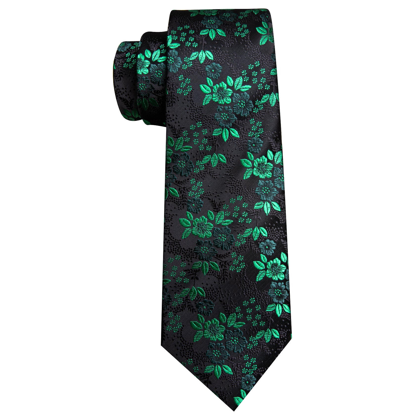 Barry Wang Green Black Floral Silk Tie Pocket Square Cufflinks Set