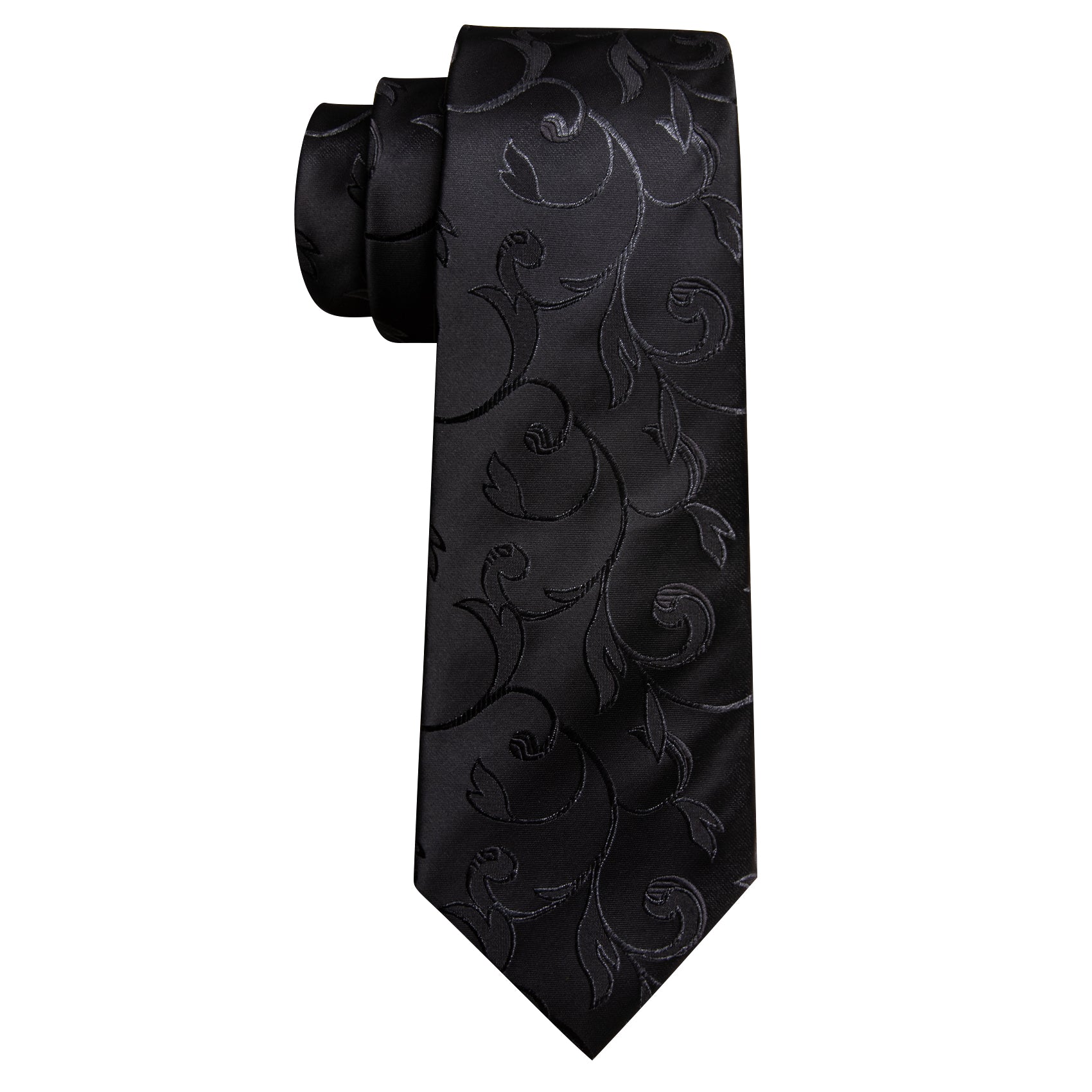 Black Floral Silk Tie Handkerchief Cufflinks Set