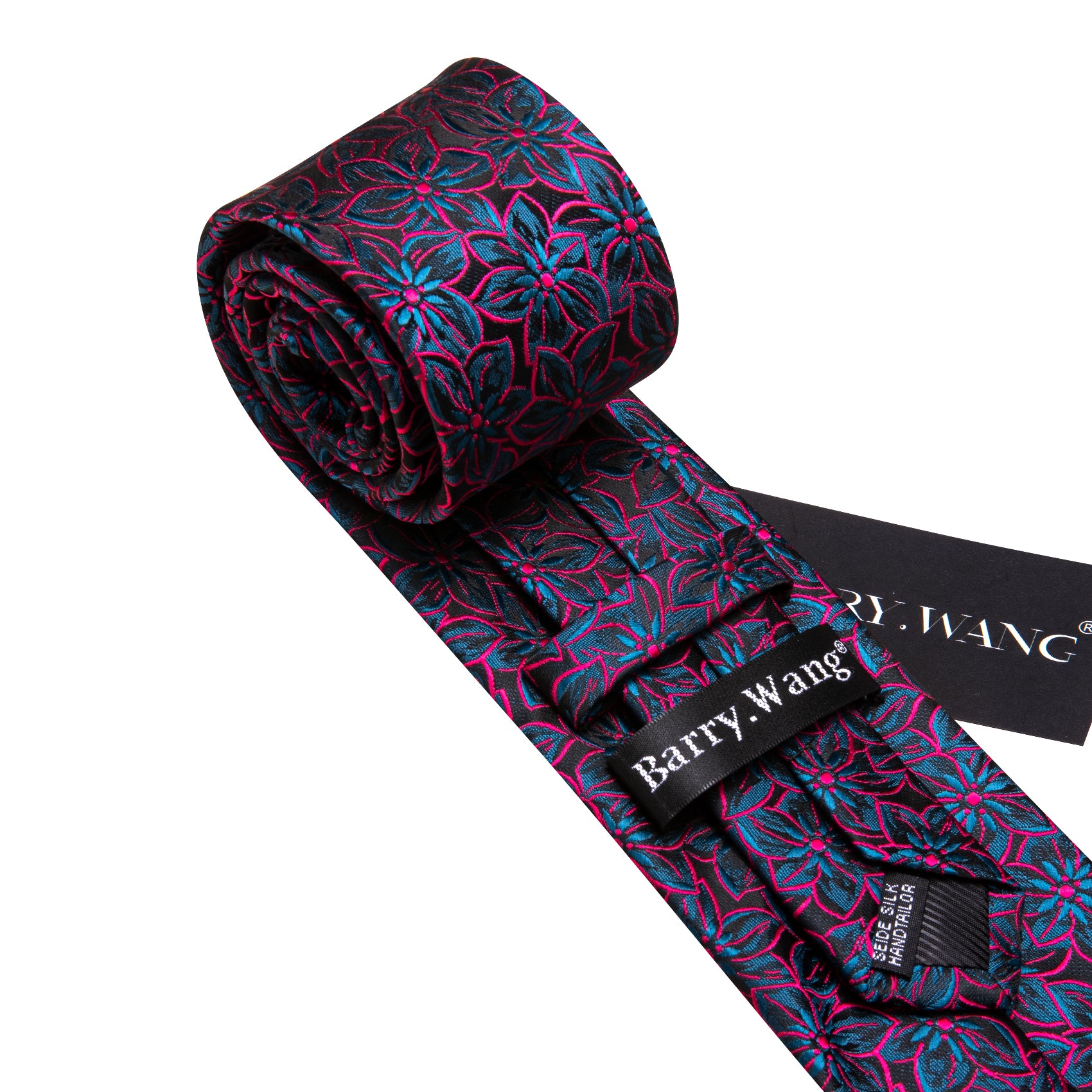 Red Blue Floral Silk Tie Pocket Square Cufflinks Set