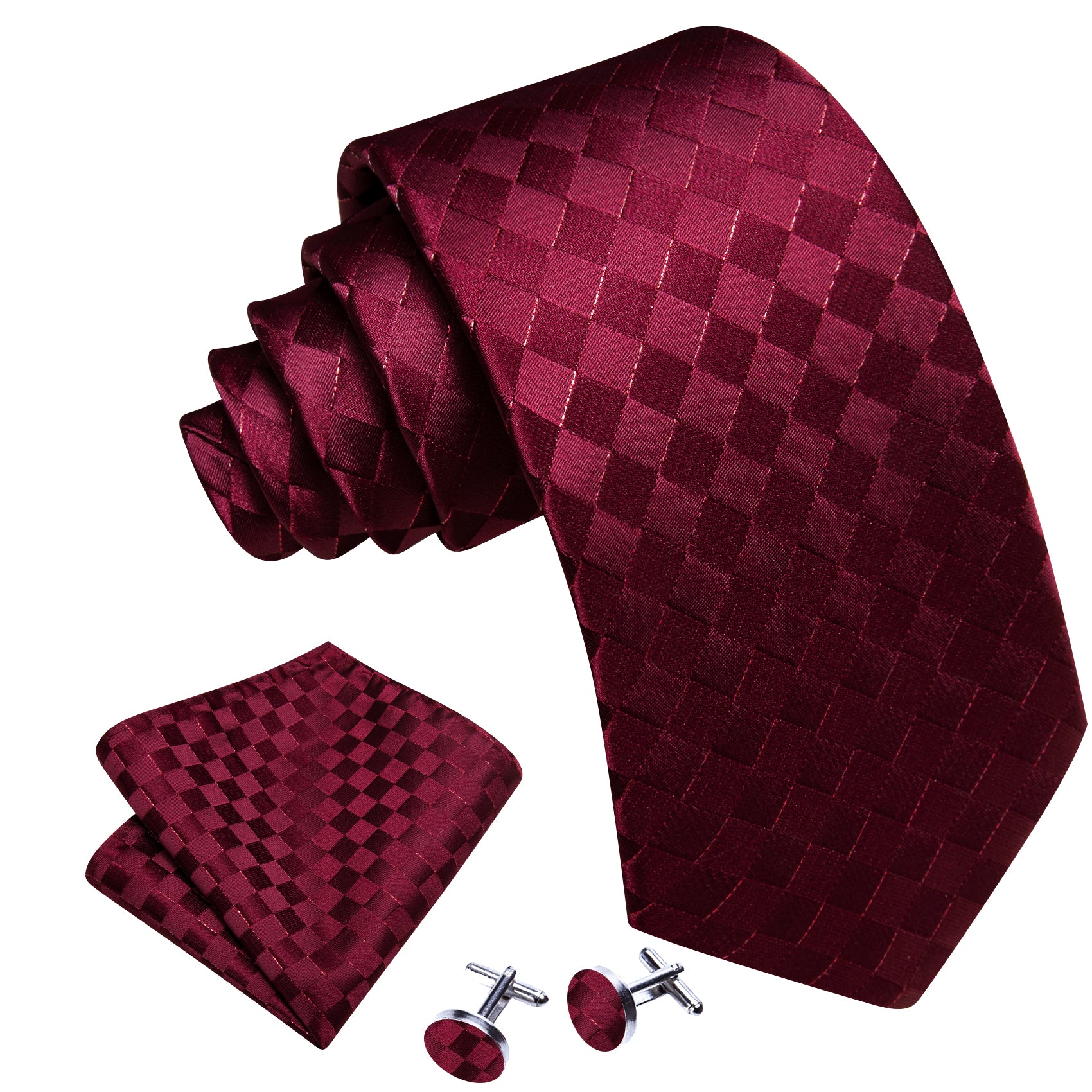 Burgundy Plaid Silk Tie Handkerchief Cufflinks Set