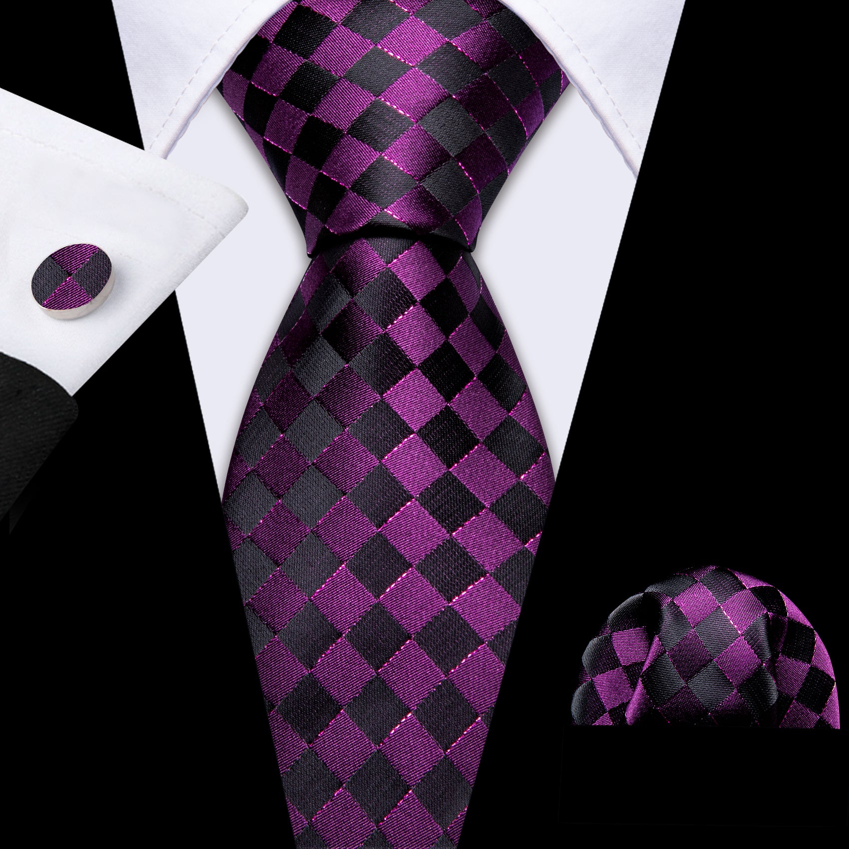 Purple Black Plaid Silk Tie Handkerchief Cufflinks Set