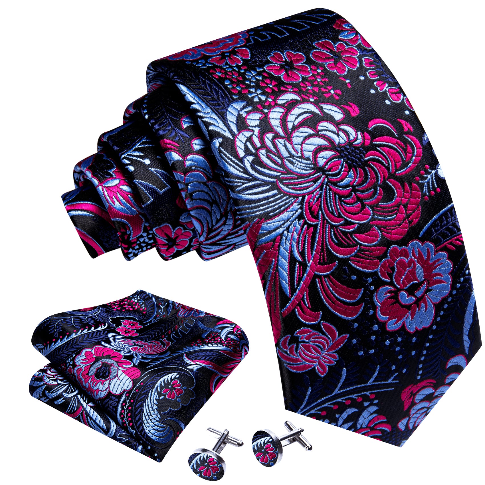 Blue Red Jacquard Paisley Tie Handkerchief Cufflinks Set