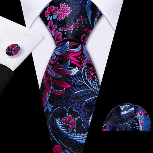 Blue Red Jacquard Paisley Tie Handkerchief Cufflinks Set